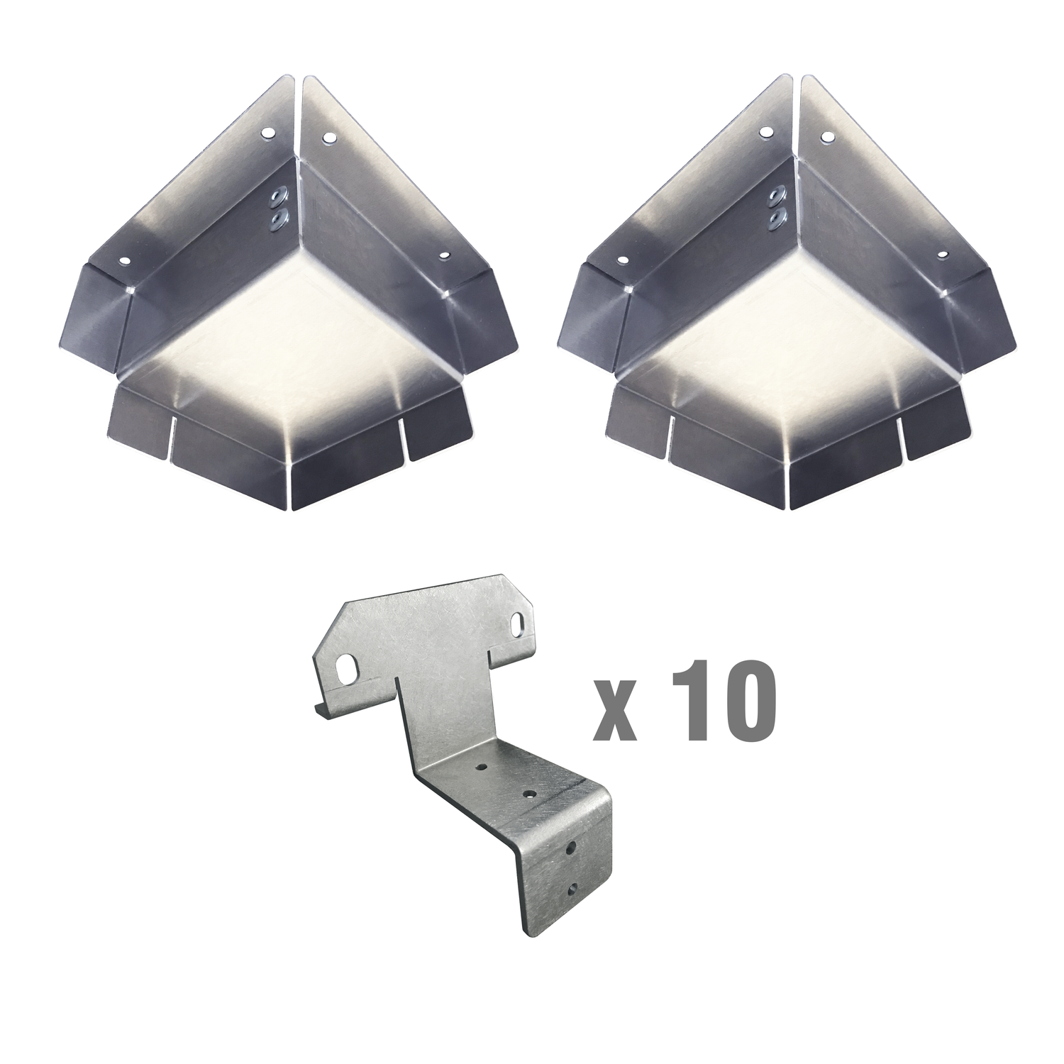 The image shows two corner casting covers made of aluminum, along with text indicating the quantity and type of items included in the kit, i.e.