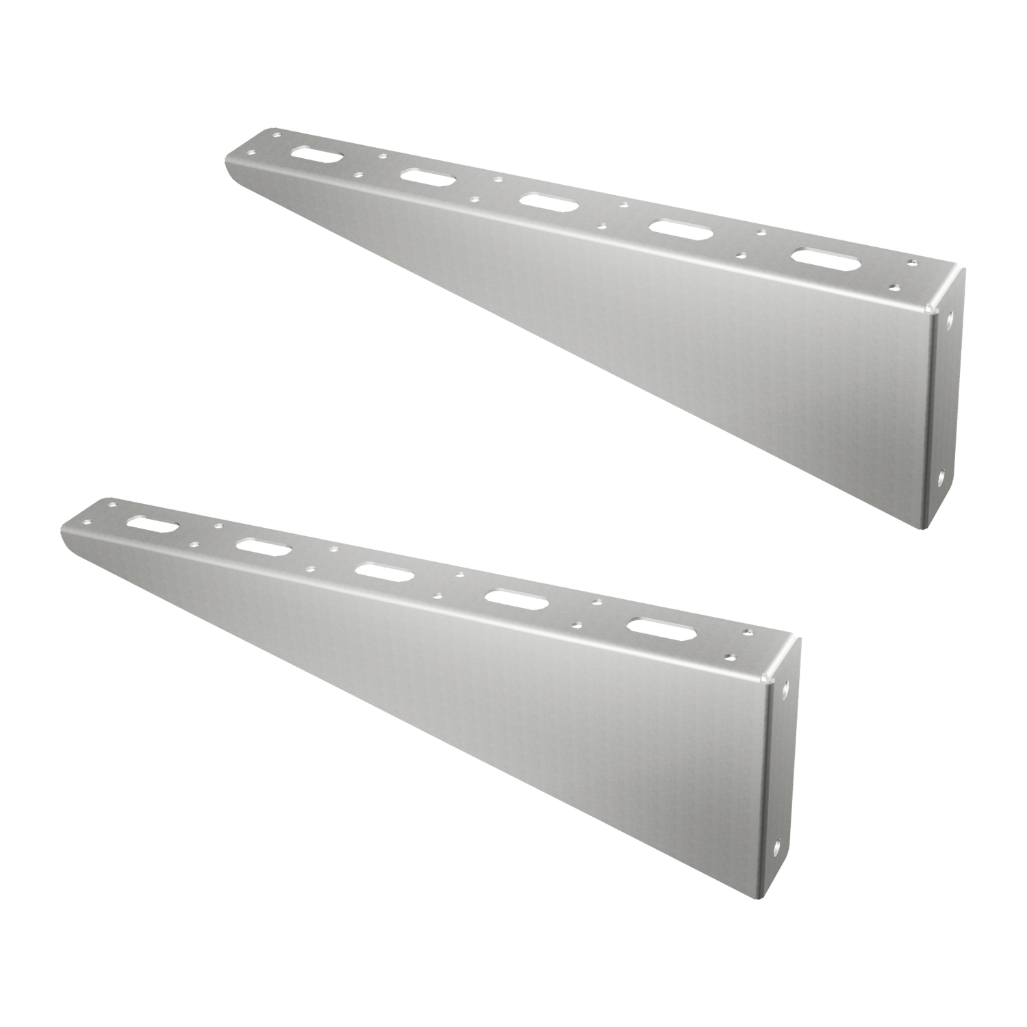 Pair of 18-inch galvanized steel bolt-on shelving brackets for shipping containers, featuring multiple mounting holes for adjustable height and 350 lb load capacity.