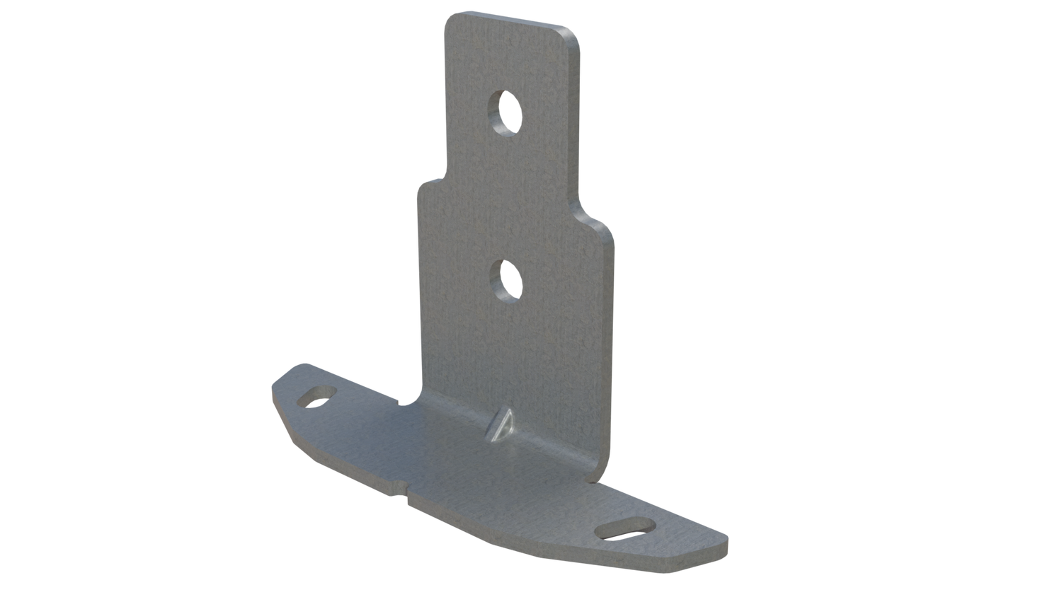 Galvanized steel L-bracket with two vertical mounting holes and curved base slots, designed for secure strut channel installation in shipping containers without welding.