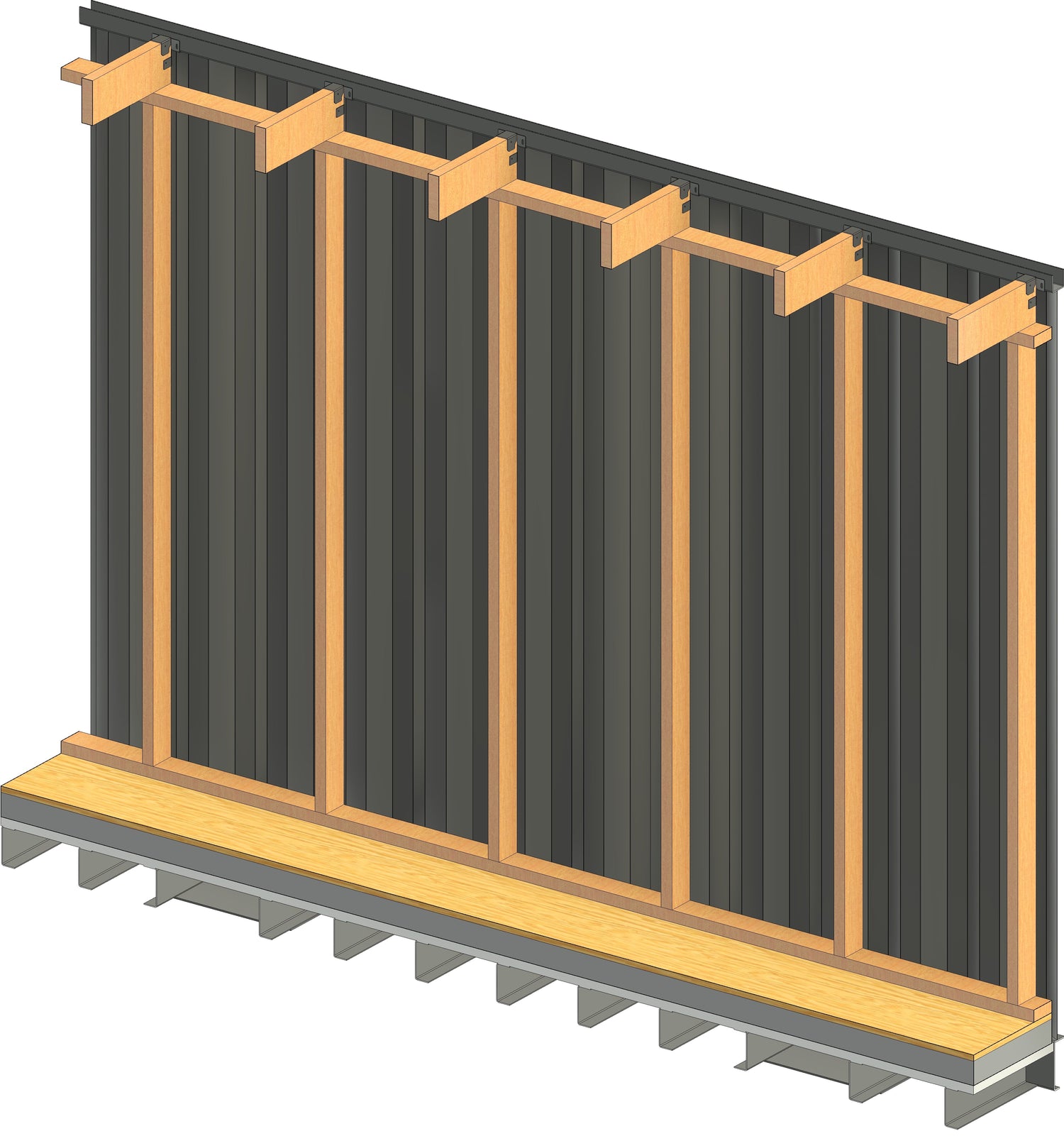 Interior view of a shipping container with vertical wood studs mounted using interior brackets along the top tubing and bottom support beams