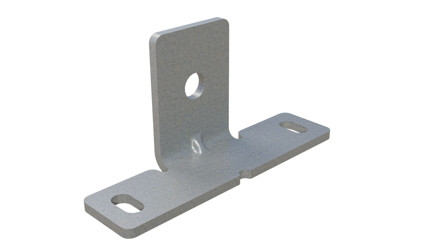 Galvanized wide-base strut mounting bracket with three bolt holes for securing channels inside ISO shipping containers without welding or exterior screws.