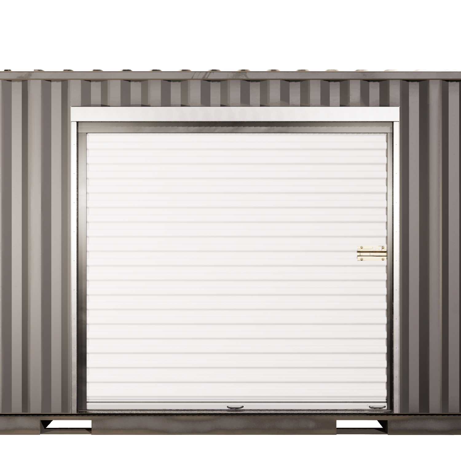 High cube shipping container with a white roll-up door installed using a galvanized steel framing kit. The door is centered on the container sidewall, featuring a flush fit and a clean, weather-sealed finish. Framing kit includes all necessary hardware; roll-up door sold separately.