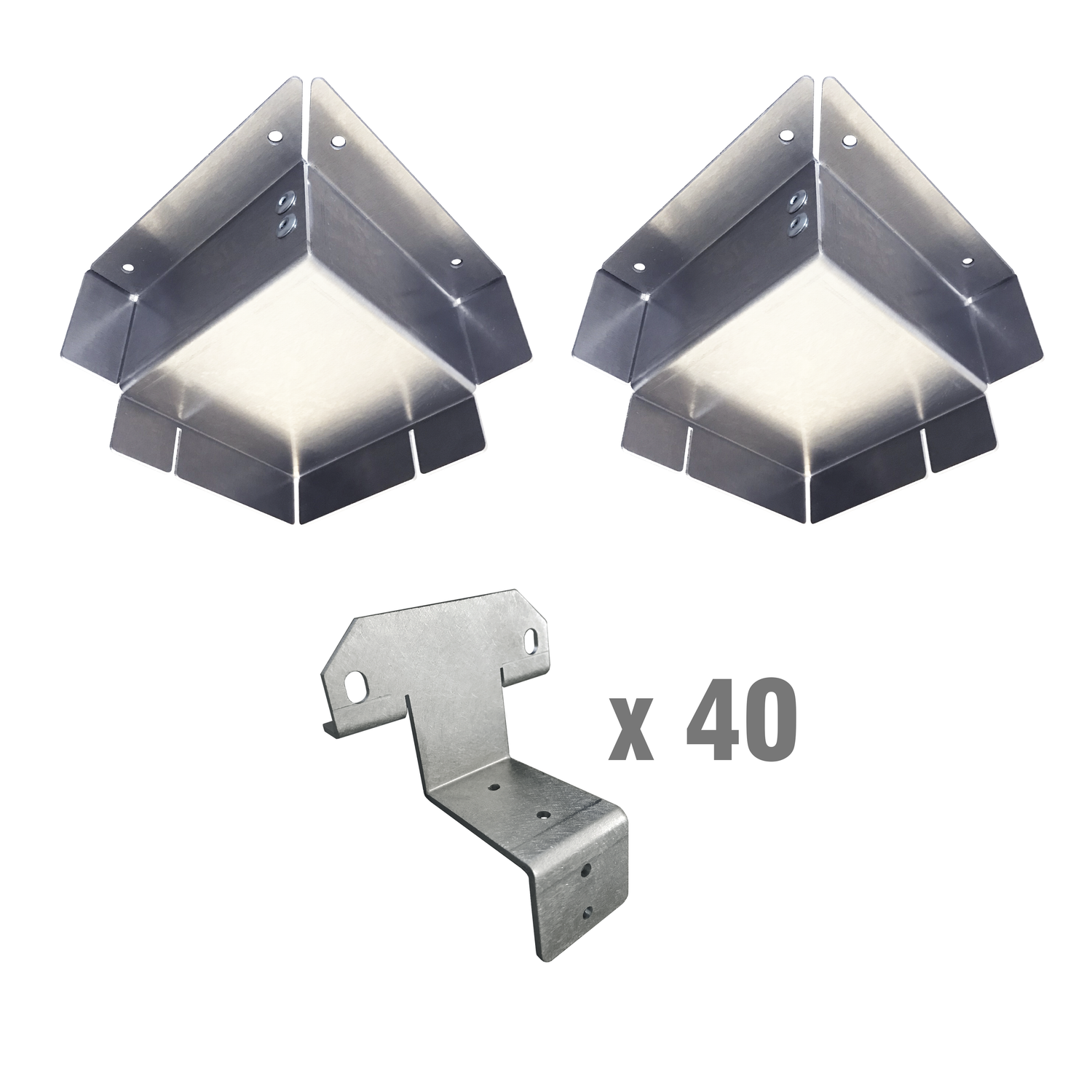 The image shows two corner casting covers made of aluminum, along with text indicating the quantity and type of items included in the kit, i.e.