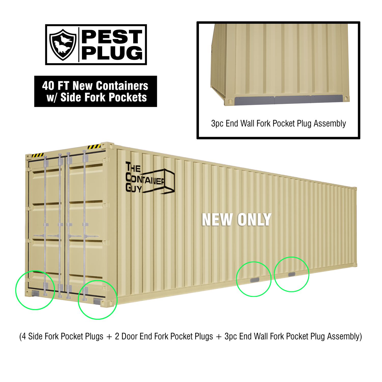40ft new shipping container equipped with Pest Plug kit – includes 4 side fork pocket plugs, 2 door end fork pocket plugs, and 3-piece end wall fork pocket plug assembly for pest control