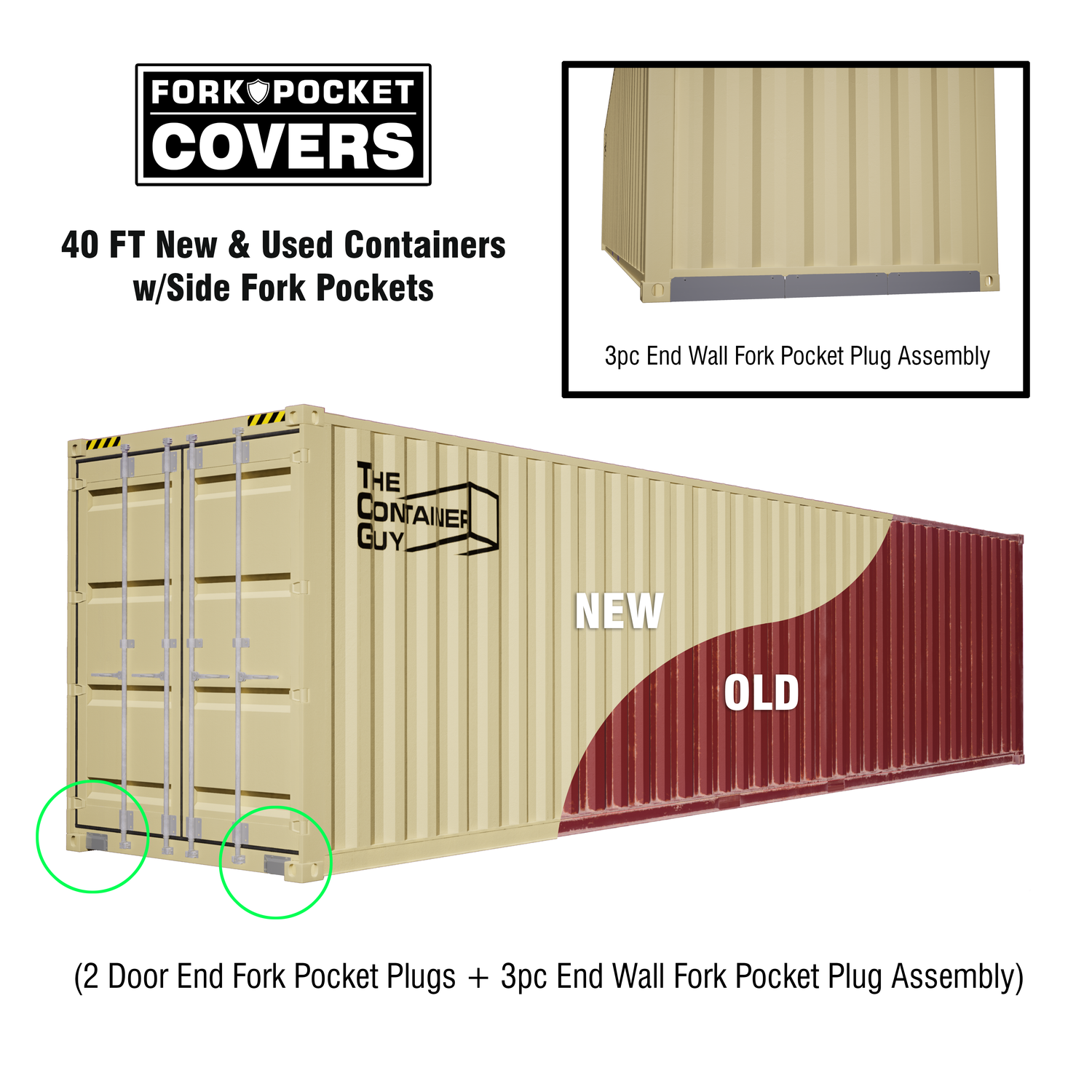 Three-piece end wall fork pocket cover assembly for 40ft shipping containers, designed to block spray foam from escaping through rear forklift openings during insulation
