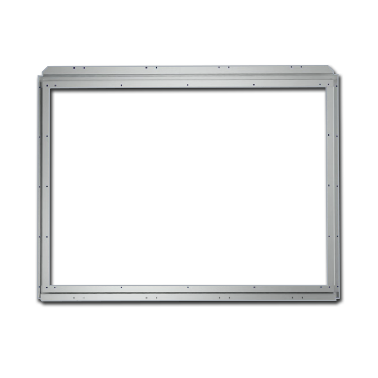 48-inch galvanized steel window framing kit for shipping containers, designed for end wall installation with symmetrical rivet holes and watershed top trim.