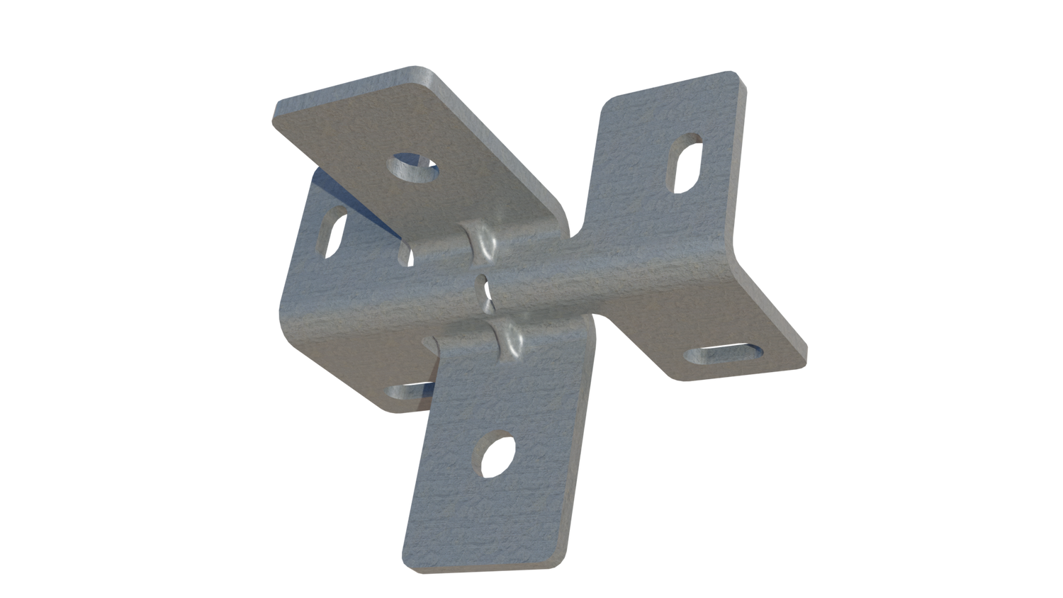 Galvanized steel 4-way cross bracket with multiple bolt holes for securely mounting strut channels in ISO shipping containers without welding or exterior fasteners.