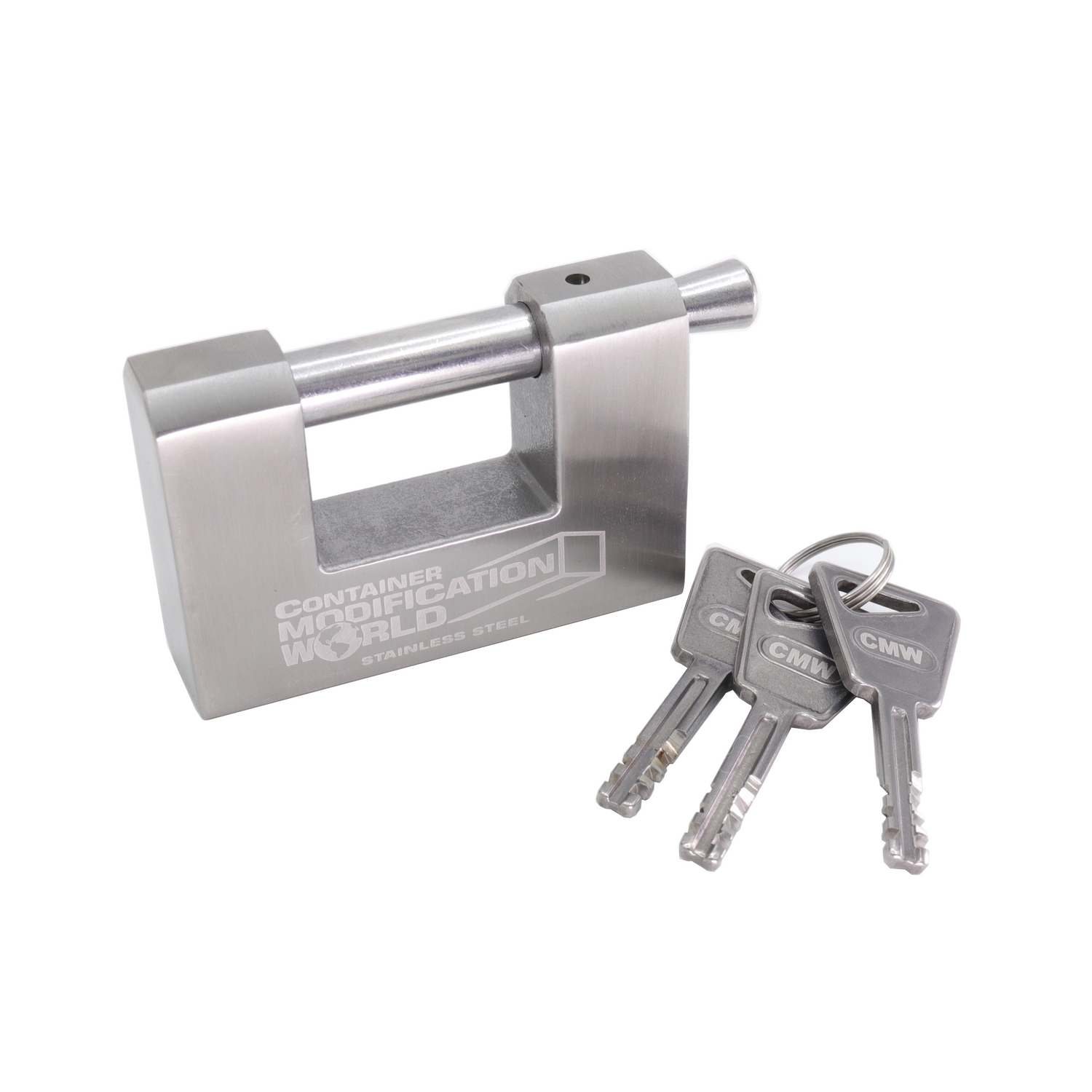 CMW stainless steel high-security padlock with three unique keys, designed for shipping containers and storage units; features a shrouded shackle for maximum cut and corrosion resistance.