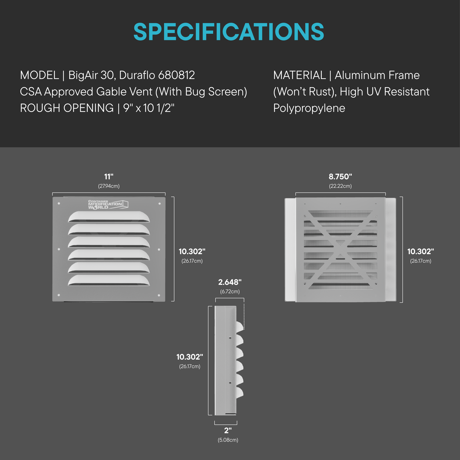 Specifications of a BigAir 30 gable vent with dimensions and material details