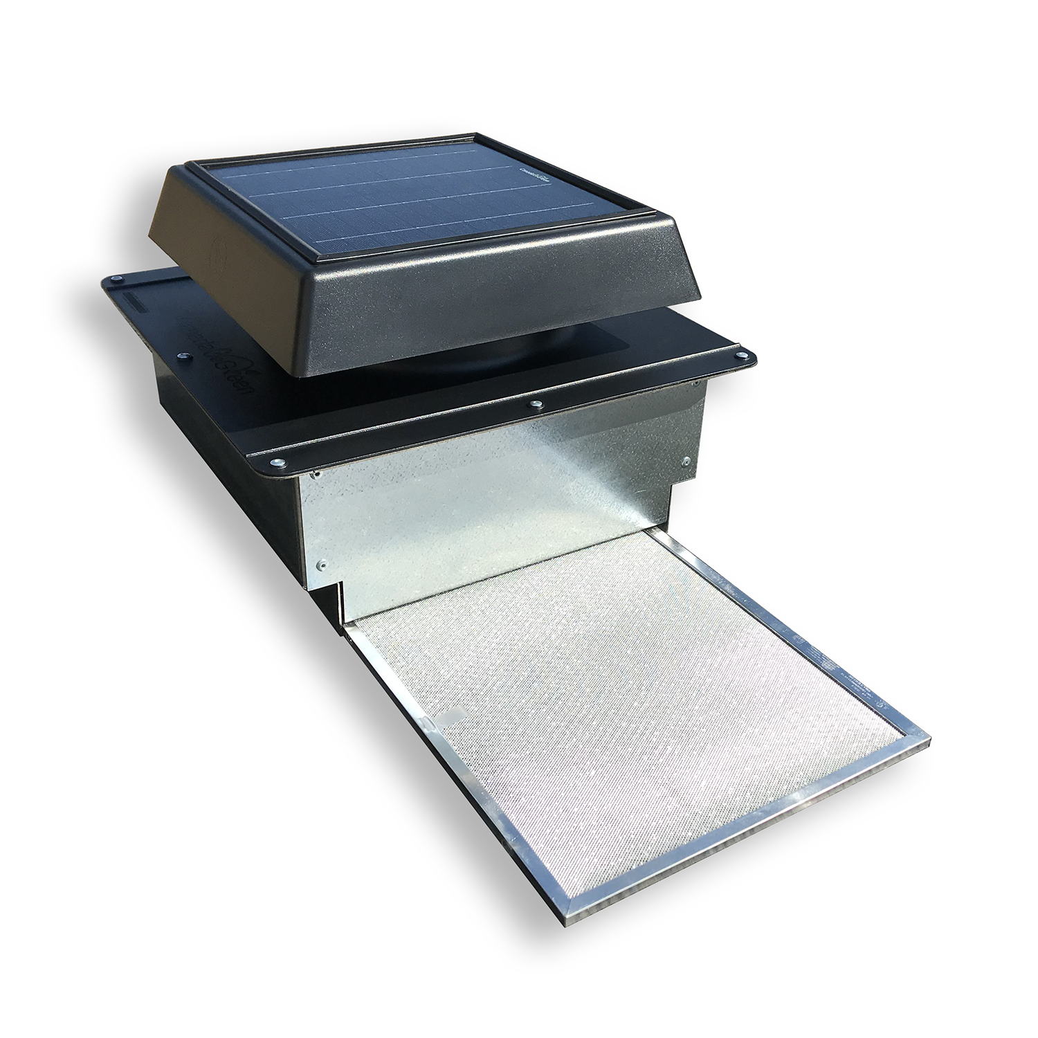 Canada Go Green 4 Seasons Solar Vent with removable aluminum bug screen and metal flashing kit, designed for shipping containers and trailers. Features a 10W monocrystalline solar panel, 400 CFM airflow, anti-UV/freeze ABS-PC construction, and quiet, vibration-free operation