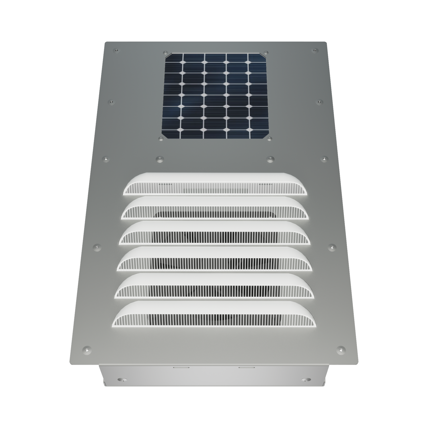 BigAir 57 CFM solar vent with aluminum frame designed for shipping container ventilation, reducing moisture and heat buildup