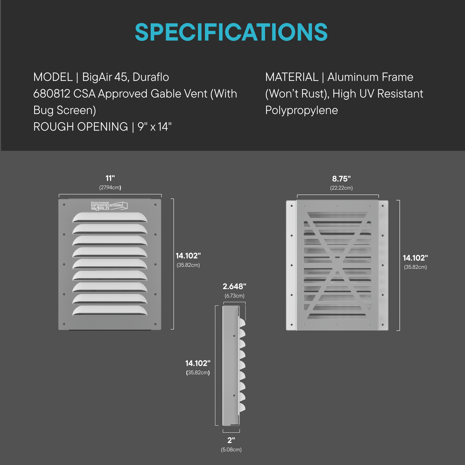 Dimensional specifications for the BigAir 45 CSA-approved gable vent, featuring aluminum frame and UV-resistant polypropylene; includes front, side, and rear views with measurements