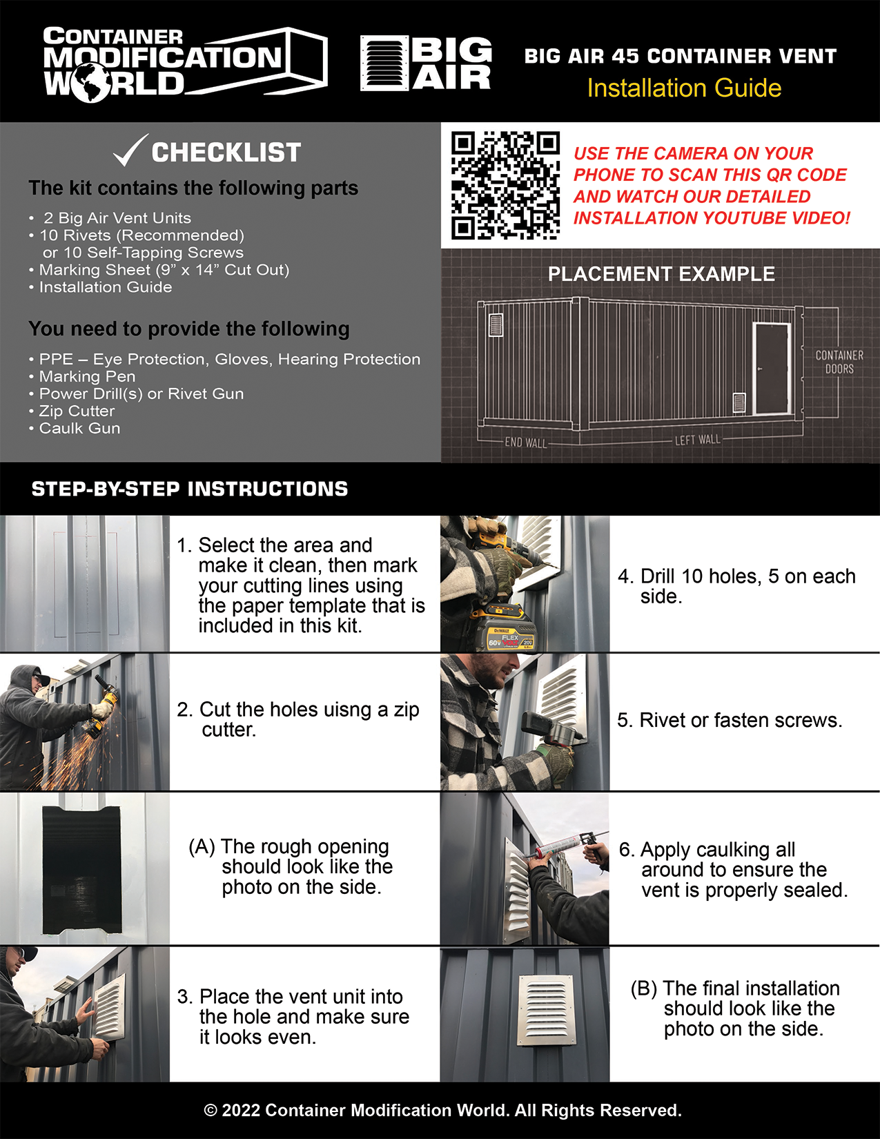 BIG AIR 45 Container Vent Installation Guide showing a checklist of included parts, required tools, a QR code for a video tutorial, vent placement example on a container, and step-by-step installation instructions with labeled images.