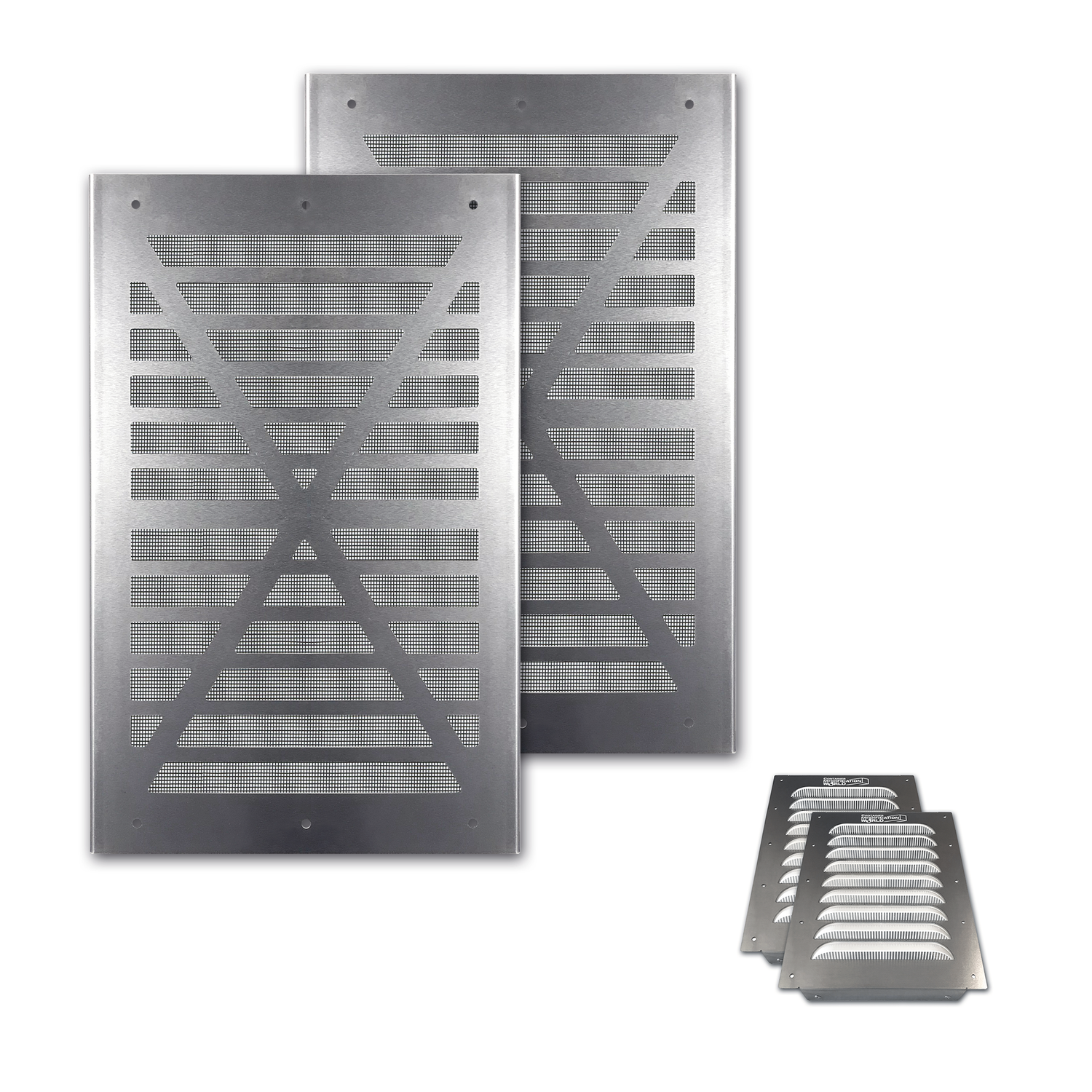 Set of BigAir Container Vents including two bug screen covers with perforated aluminum backing and two louvered aluminum vents, designed for shipping container airflow and moisture control.