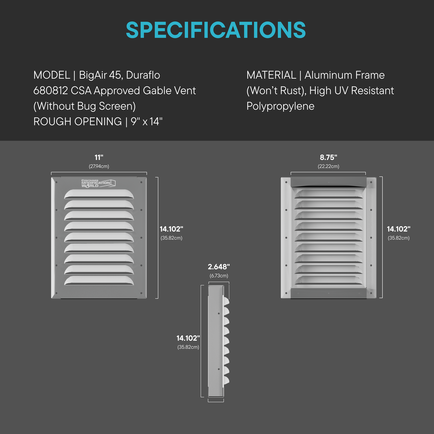 Specifications of a gable vent with dimensions and material details on a dark background