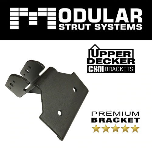 A black metal upper decker roof bracket with the Modular Strut Systems (MSS) logo and text indicating it's a premium bracket with a five-star rating.