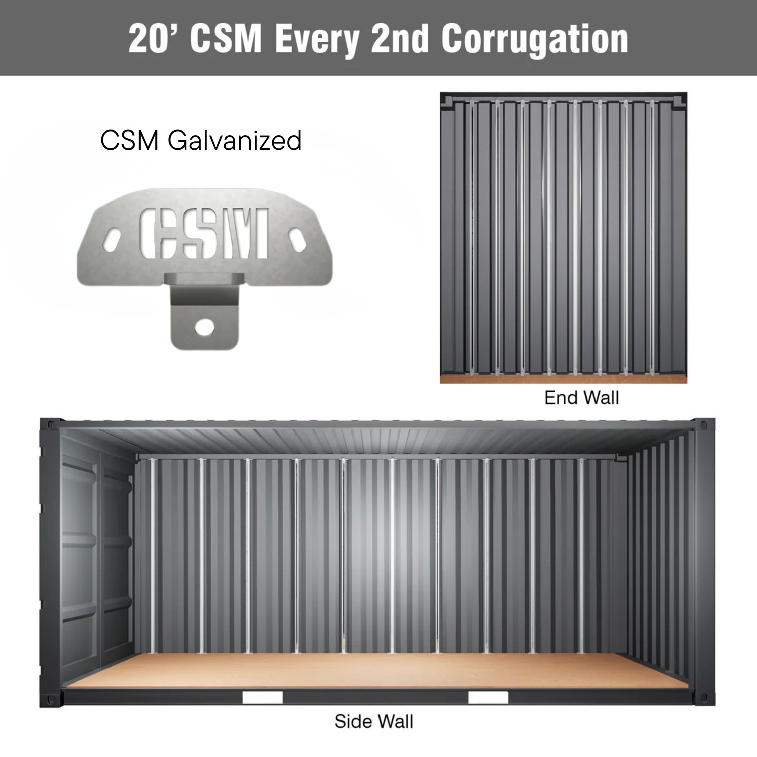 CSM Bracket installation for 20' shipping containers using every 2nd corrugation, with sidewall and end wall views, and black powder coated and galvanized bracket options displayed.