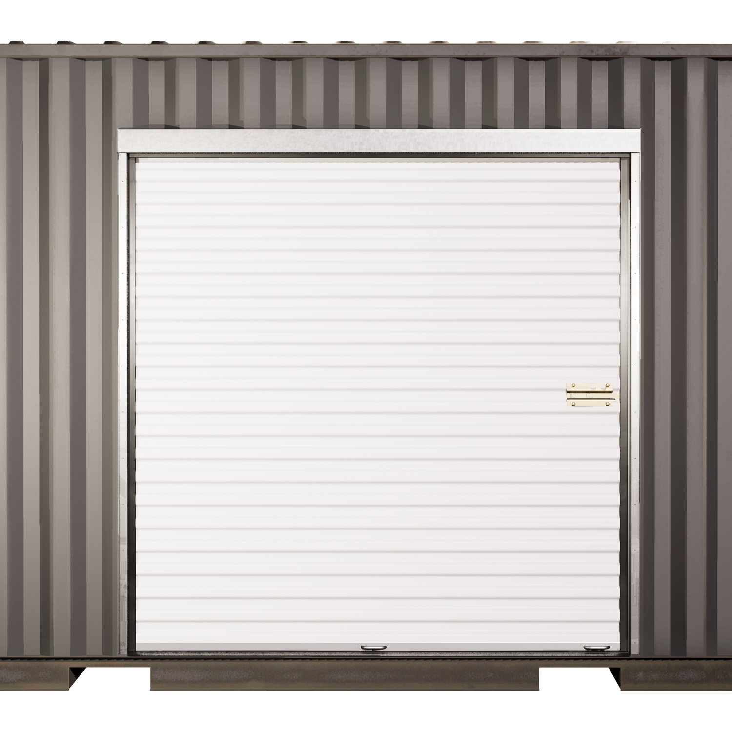 Frontal view of a shipping container with a white Janus Model 650 roll-up door installed using a galvanized steel framing kit; only the framing kit is included—door must be purchased separately. Designed for sidewall installation with laser-cut symmetry, rain drip edge, and mounting hardware.