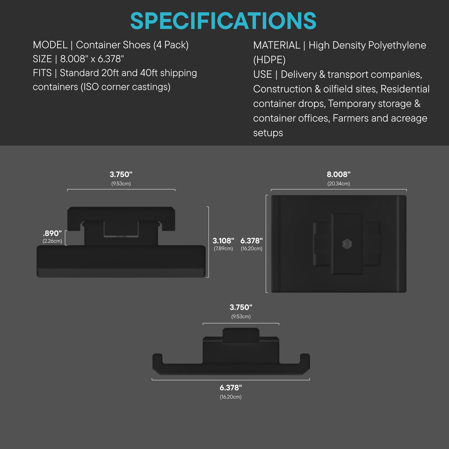 Technical diagram showing dimensions of black HDPE container shoes for ISO shipping containers — designed to fit standard corner castings and protect ground surfaces