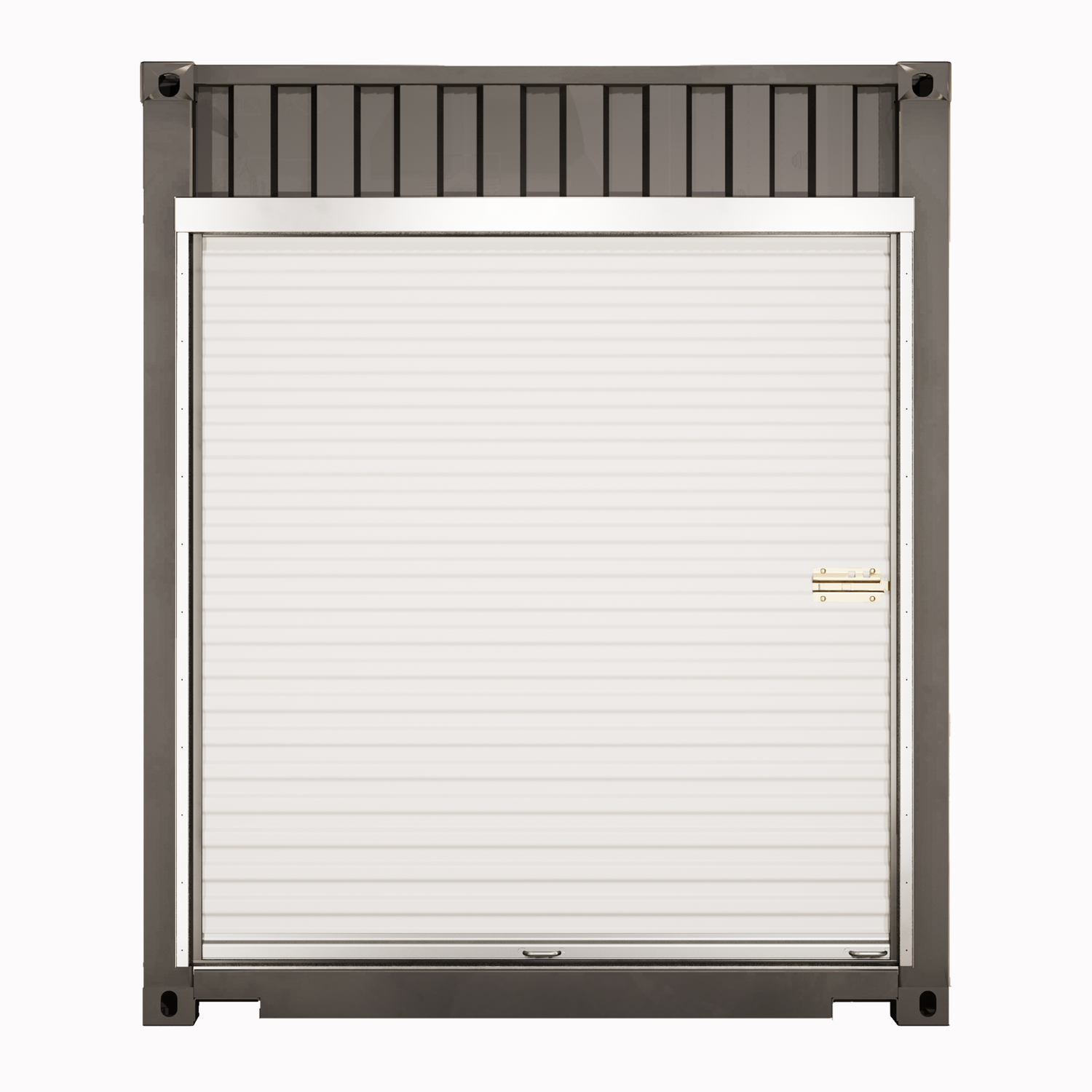 Roll-up door installed on the end wall of a shipping container with galvanized steel framing kit, featuring horizontal panels and a center locking latch