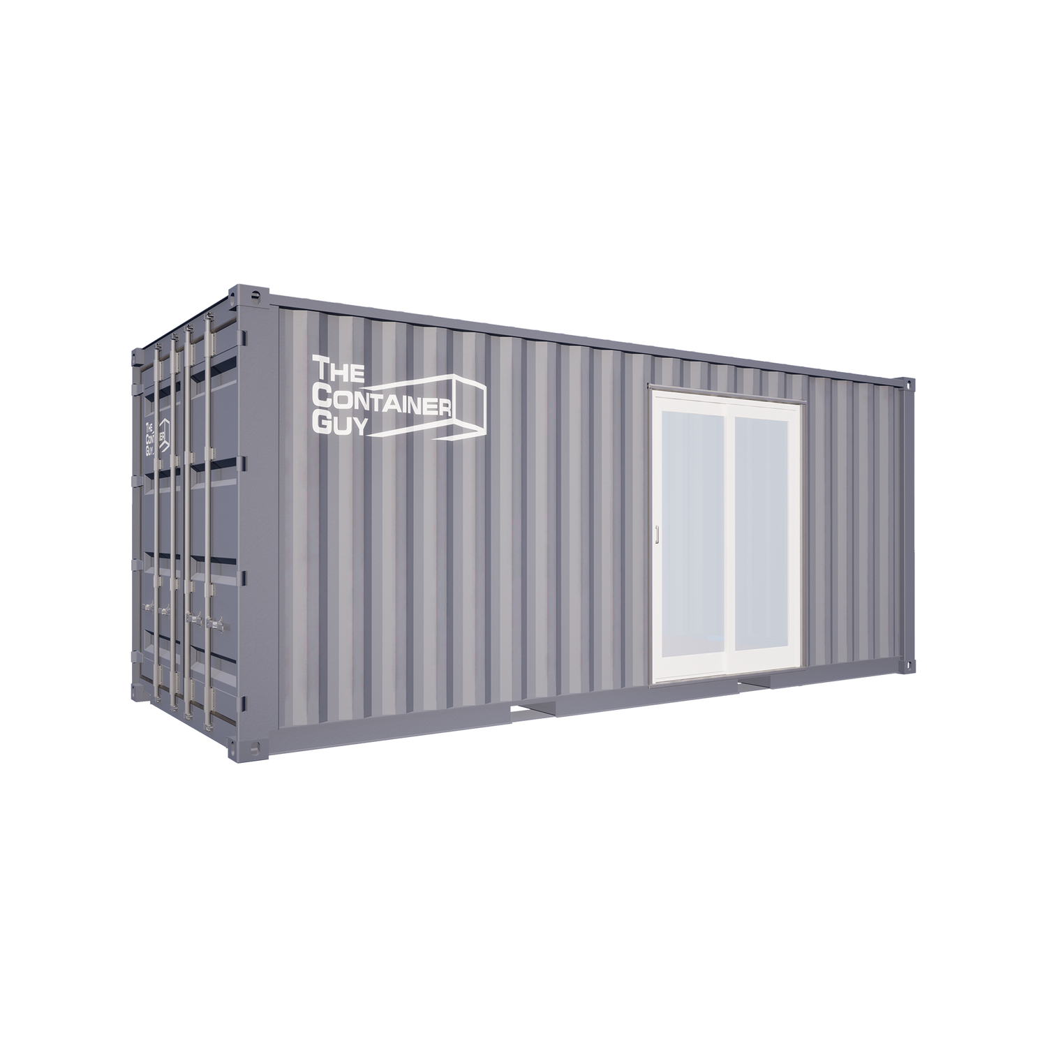 Side view of sliding patio door frame installed on a shipping container sidewall, enhancing curb appeal and providing structural durability