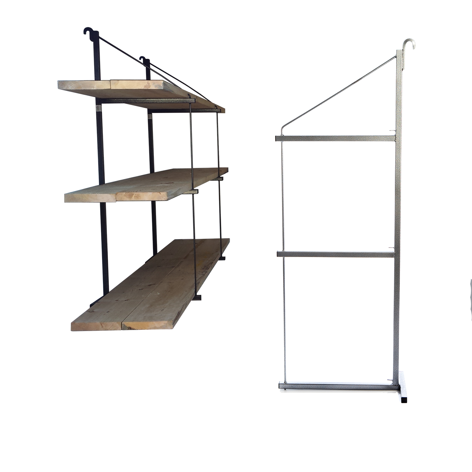 A set of two metal instant shelving brackets designed for use with shipping containers, featuring three shelves made from wooden planks.