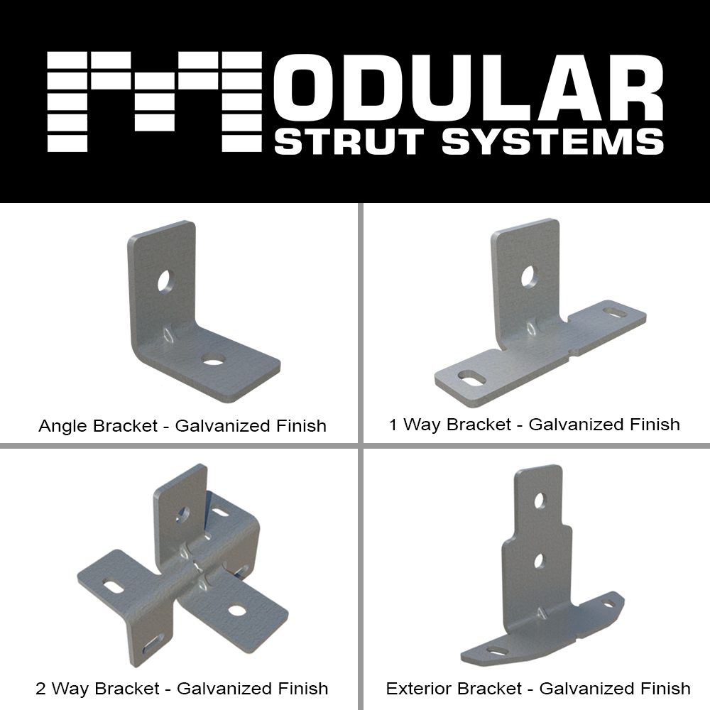 A collection of four different galvanized strut mount brackets from Modular Strut Systems, displayed against a white background.
