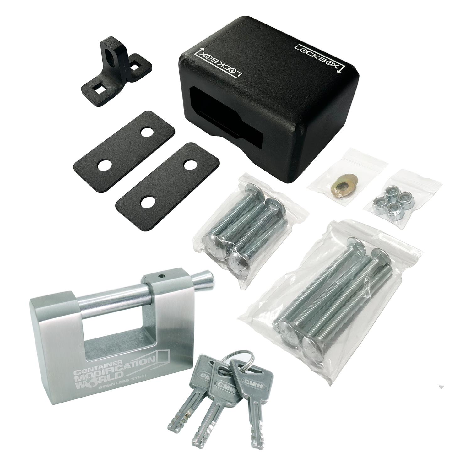 Lock box and 80mm shackle lock bundle with hardware for shipping containers, cargo trailers, and man doors