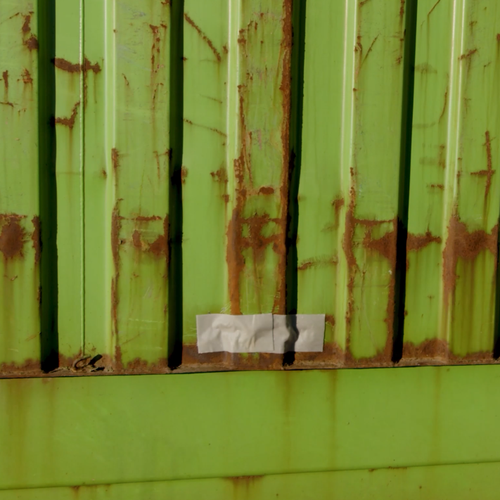 Quick patch installed on side of shipping container to repair a hole