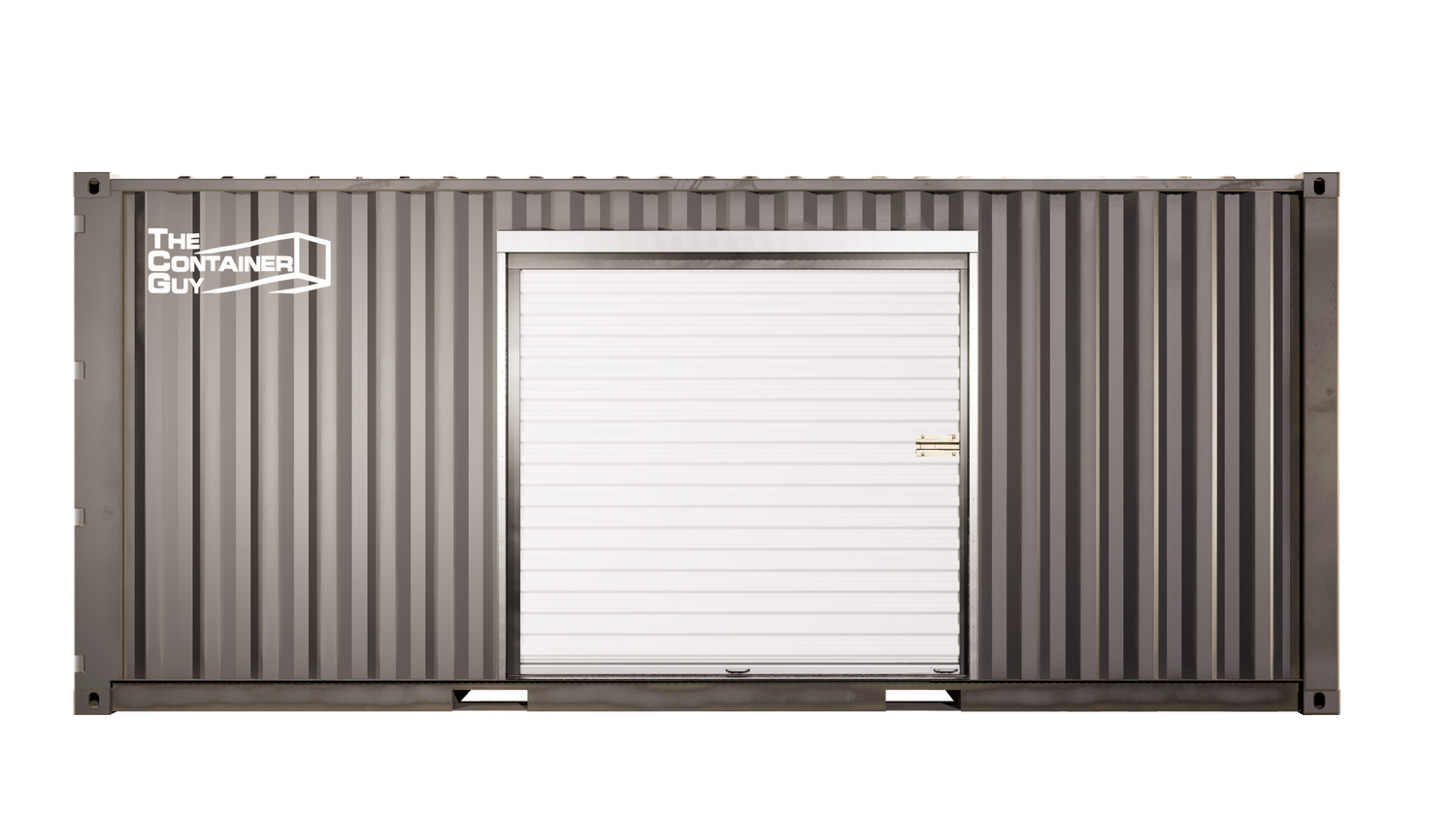 High cube shipping container side view with installed roll-up door framing kit and white roll-up door, featuring 'The Container Guy' logo on the left panel