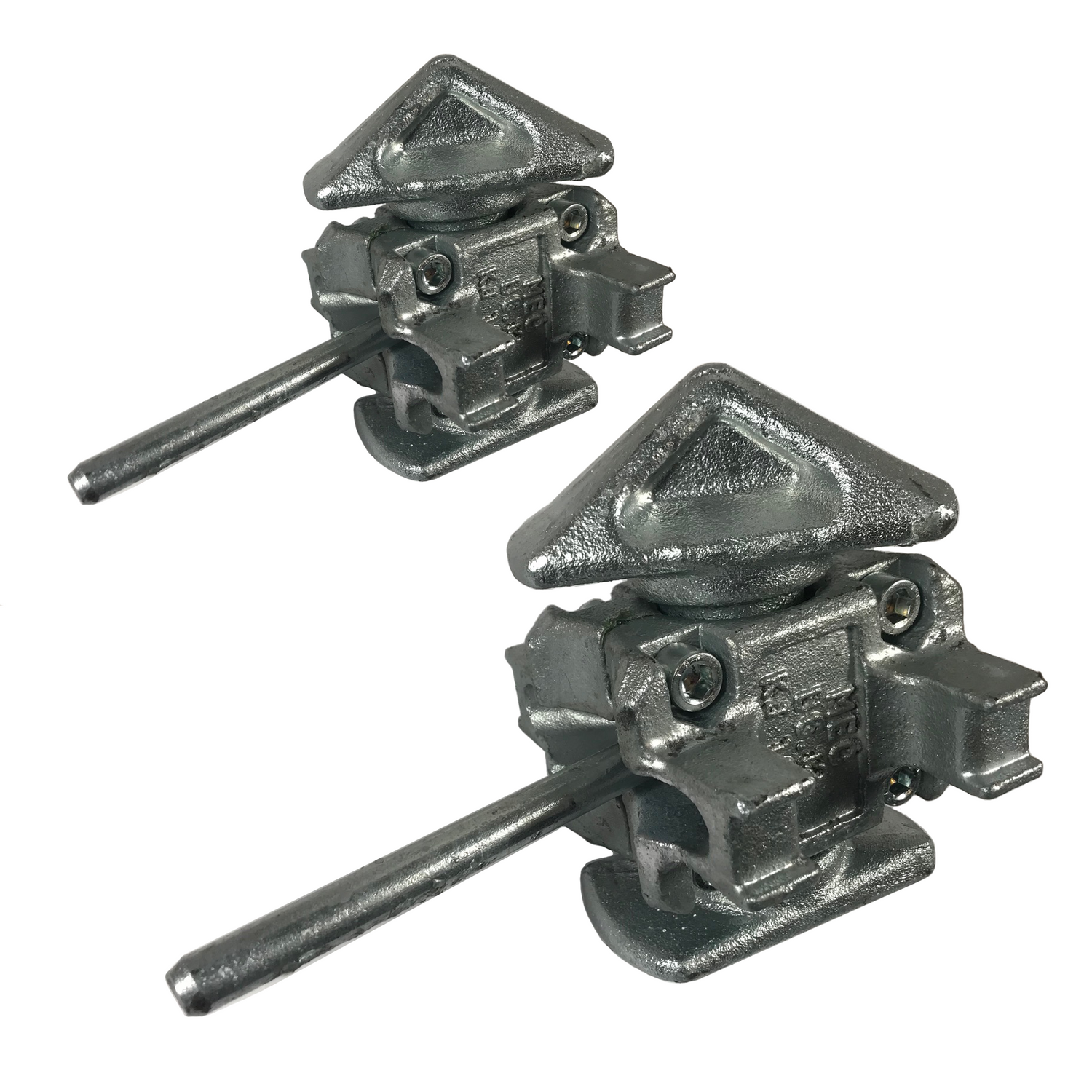 Heavy-duty shipping container twist locks for stacking containers securely; galvanized steel construction with locking handle—sold in pairs, requires 4 per container.