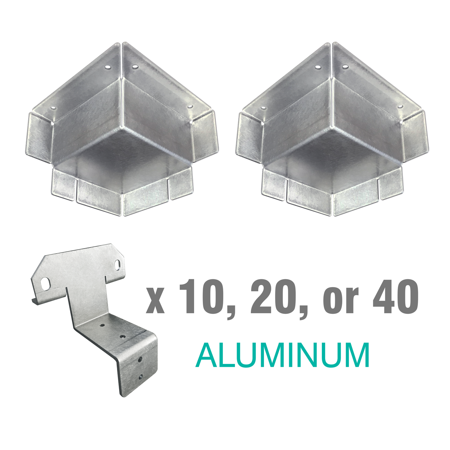 The image shows two corner casting covers made of aluminum, along with text indicating the quantity and type of items included in the kit, i.e.