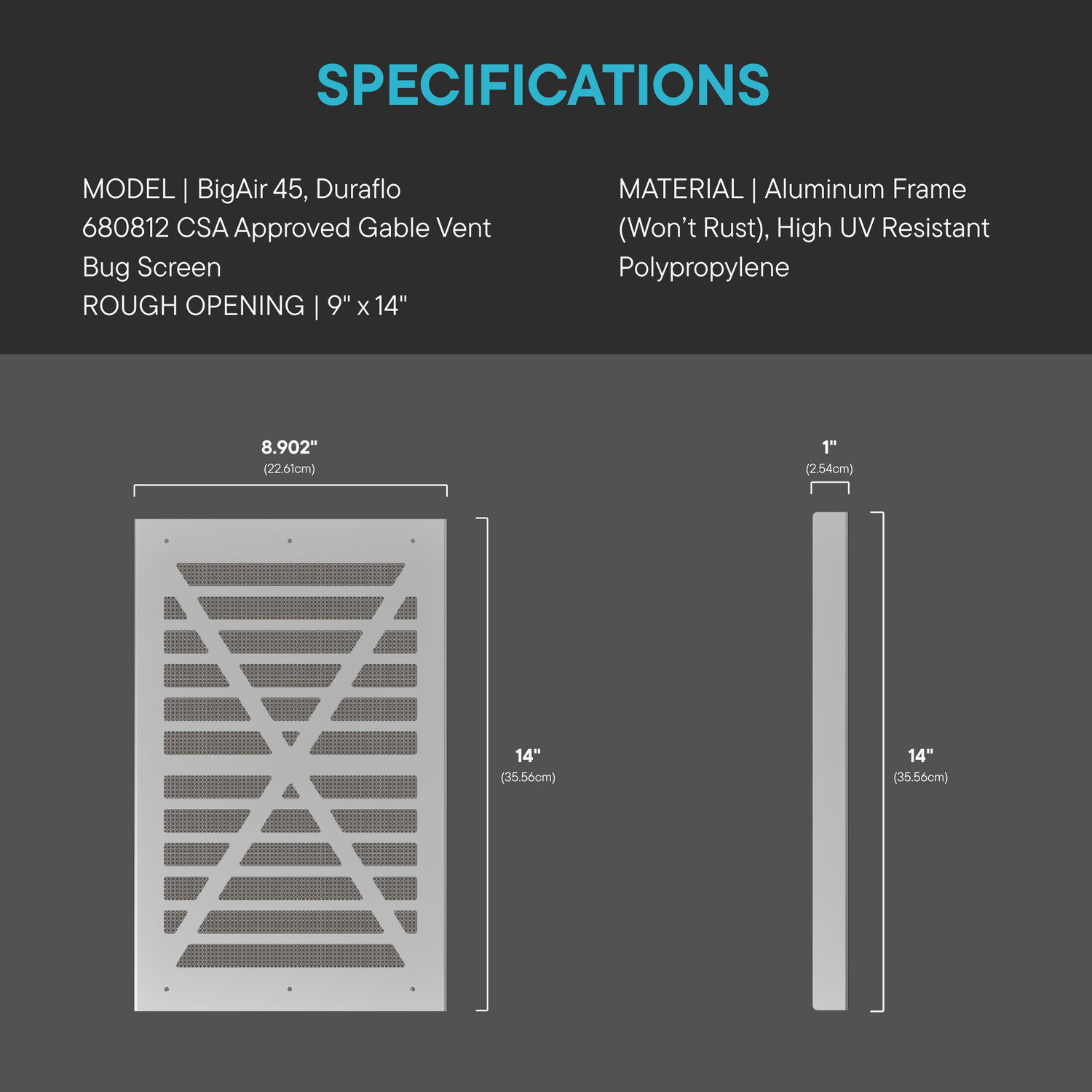 Specifications for BigAir 45 gable vent bug screen with aluminum frame, 9