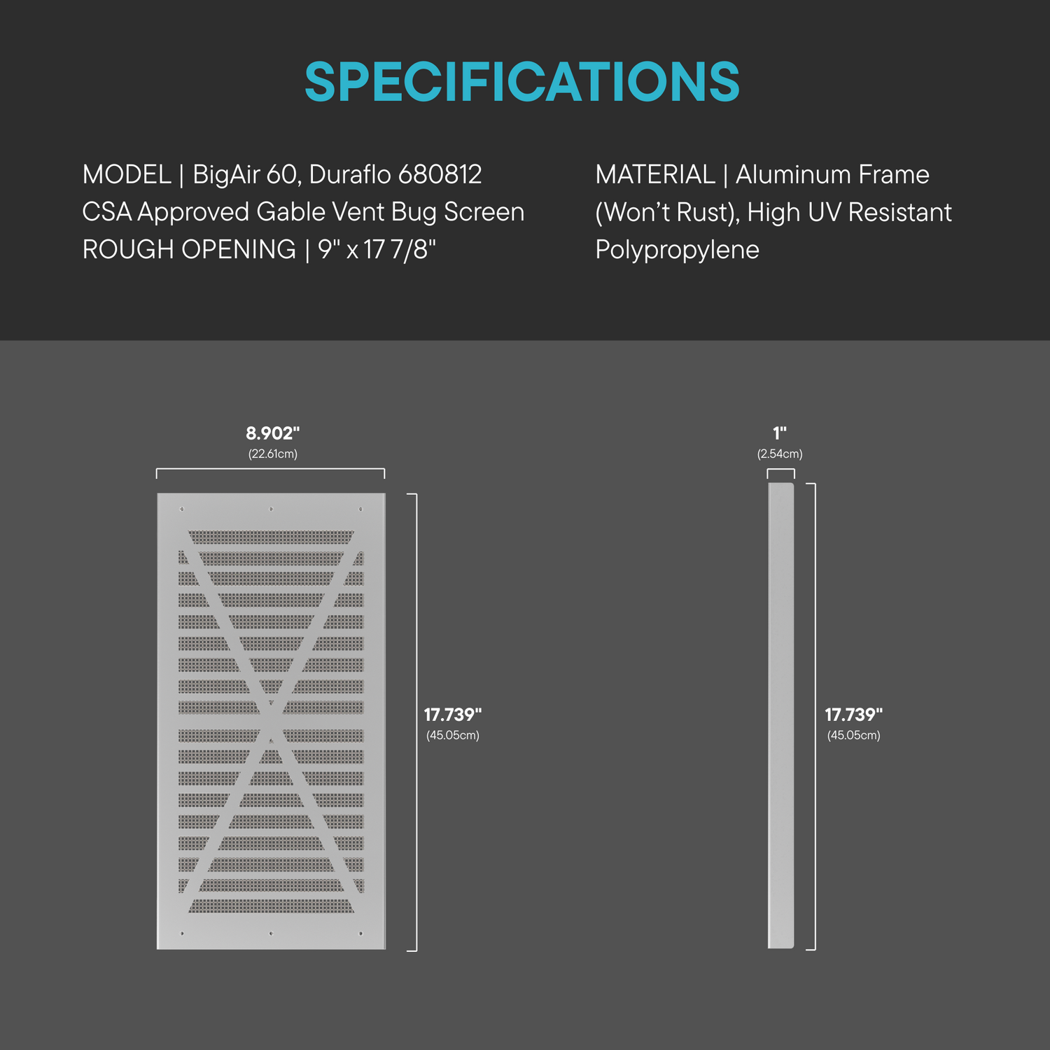 Two bug screen attachments for BigAir60 gable vent, 2-pack for insect protection with dimensions