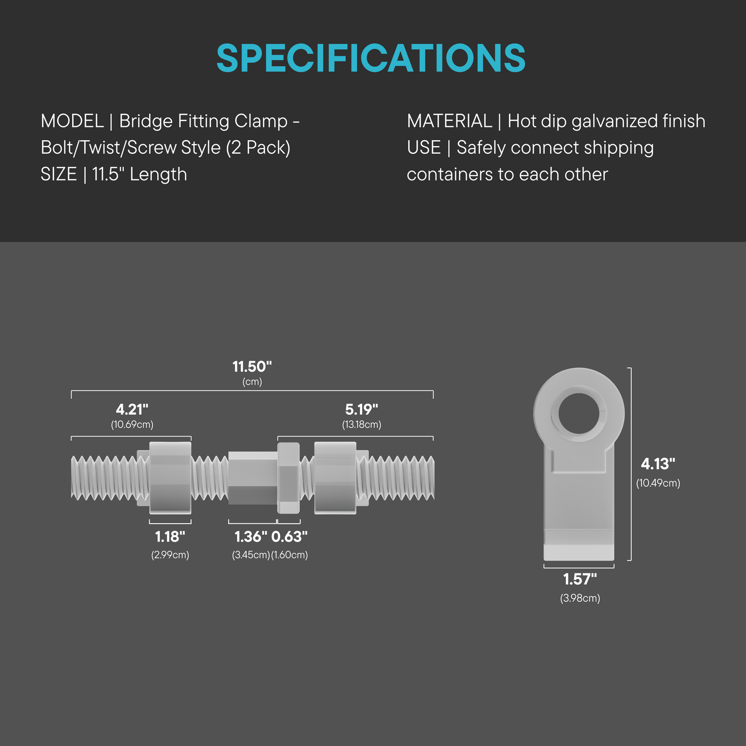 Bridge fitting clamp specifications diagram showing dimensions and design details for bolt/twist/screw style container connector with hot-dip galvanized finish.