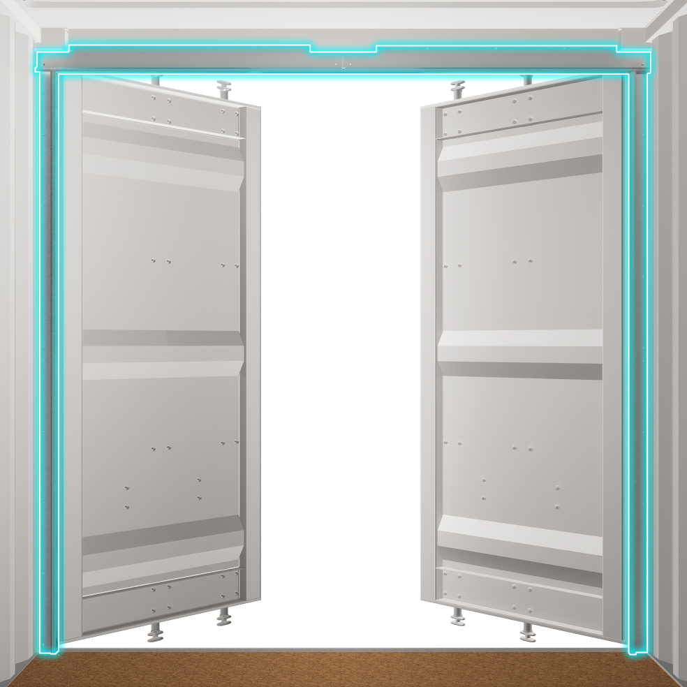 Interior view of a container with a Wall Flashing Kit installed around the door frame, highlighted in blue lines; includes self-tapping screws and rivets for secure installation.