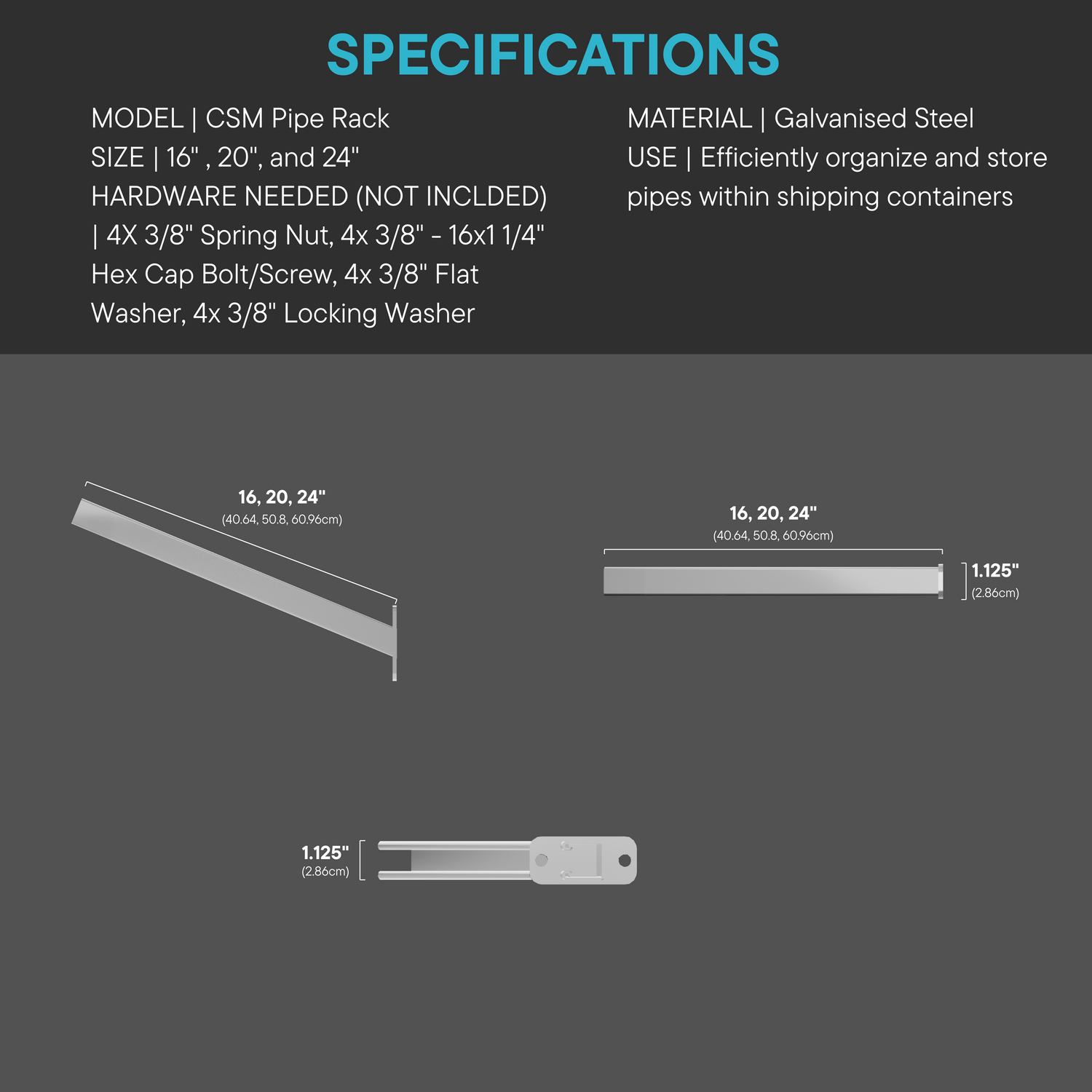 Dimensional diagram and specifications of the galvanized steel CSM Pipe Rack, available in 16
