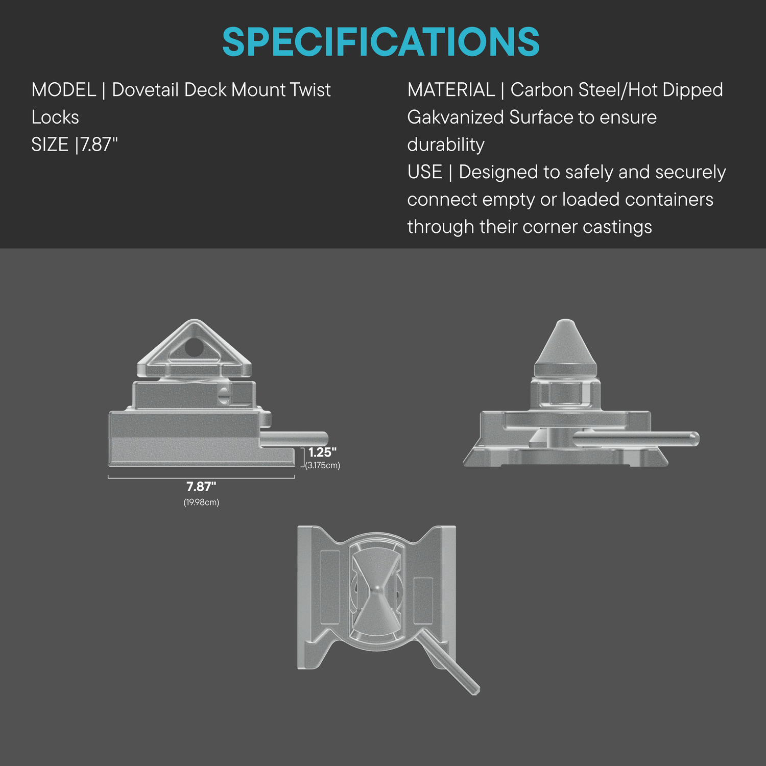 Technical specifications and multi-angle views of the Dovetail Deck Mount Twist Lock, made of hot-dipped galvanized carbon steel. Dimensions: 7.87 inches wide by 1.25 inches high. Designed for secure container connection through corner castings