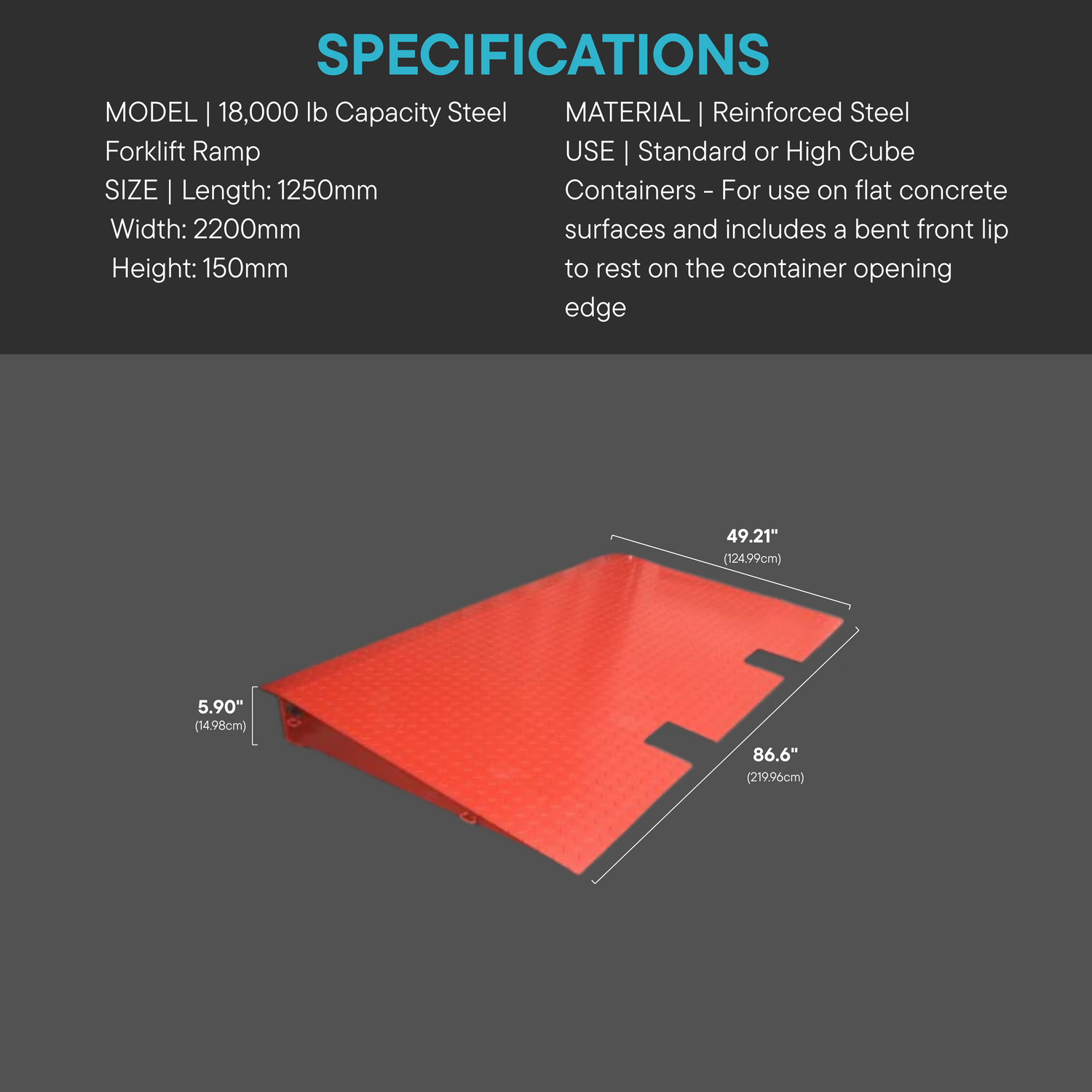 Red 18,000 lb capacity steel forklift ramp with measurements – reinforced checkered plate ramp for shipping containers on flat concrete surfaces.