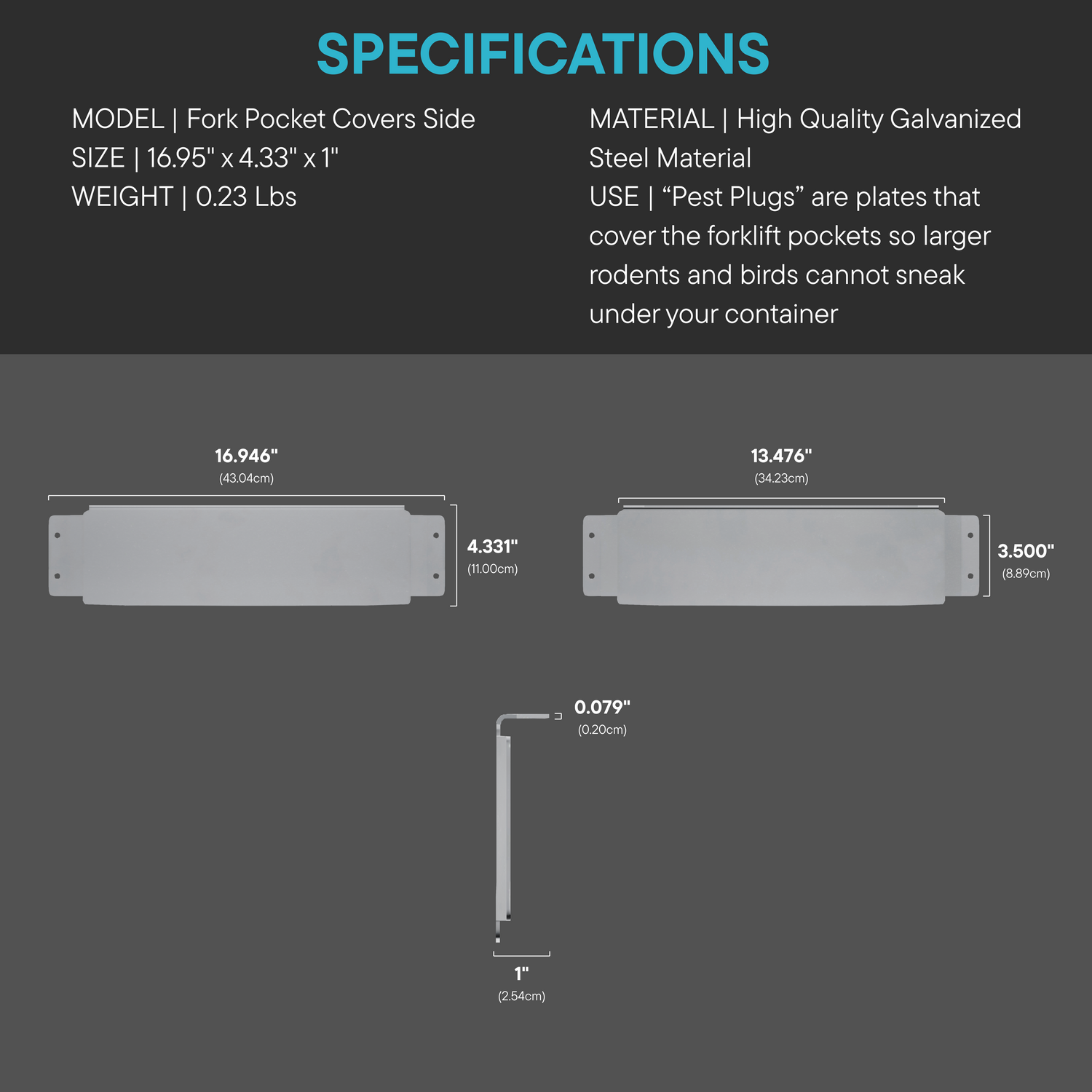 Technical diagram showing dimensions of side fork pocket covers for shipping containers, including measurements for side, door end, and end wall plug components