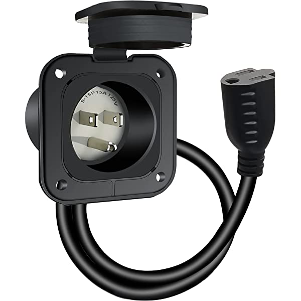 A black heavy duty 120V single port AC port plug with an integrated extension cord, designed for use with shipping containers.