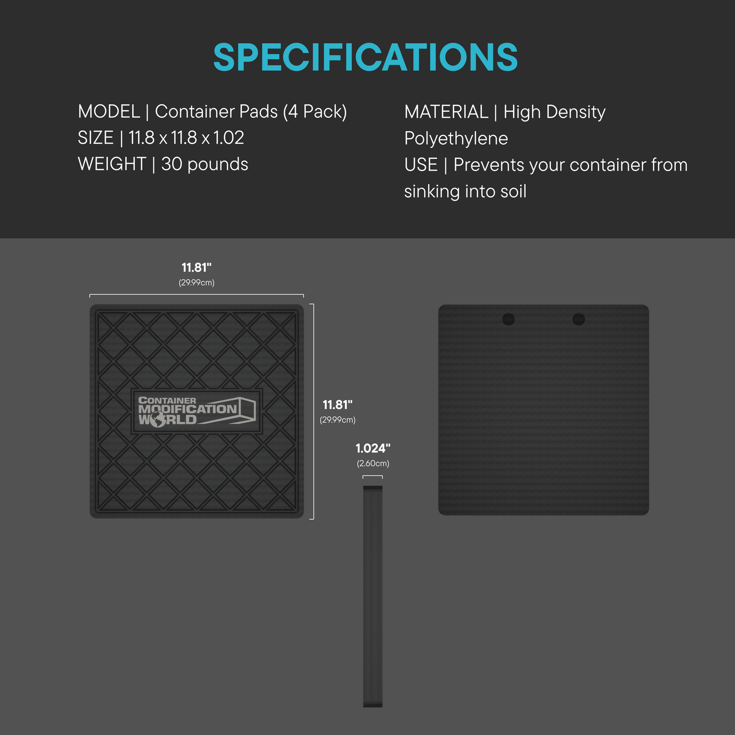 Diagram showing detailed dimensions of the heavy-duty container corner pad, including height, width, and thickness, designed to protect surfaces and distribute container weight evenly.