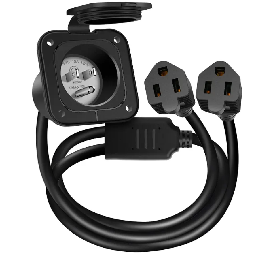 A black heavy duty 120V double port AC port plug with an integrated extension cord, designed for use with shipping containers.