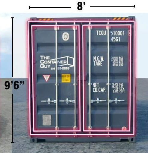Front view of a high cube shipping container door measuring 8 feet wide by 9 feet 6 inches tall, with pink highlights outlining the gasket seal area for proper door frame fitment.