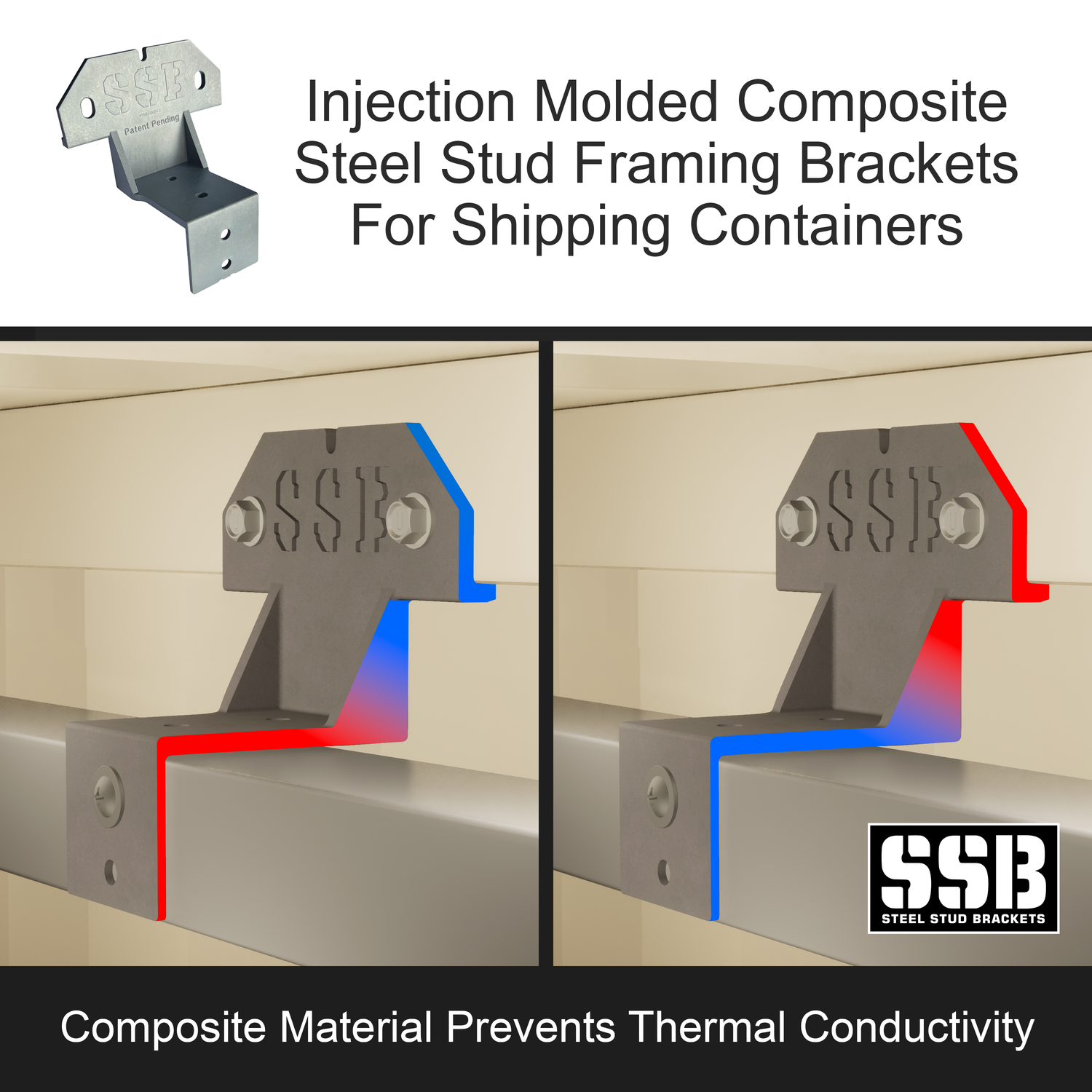 Demonstration of composite steel stud bracket installed inside a shipping container, illustrating how the non-metallic material prevents heat transfer and maintains interior temperature stability.