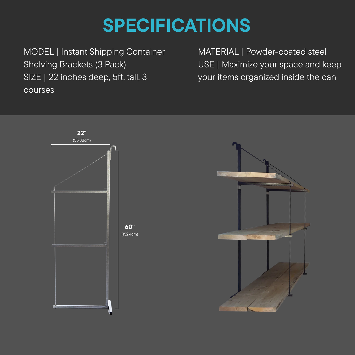 Shelving brackets with dimensions and material details on a gray background