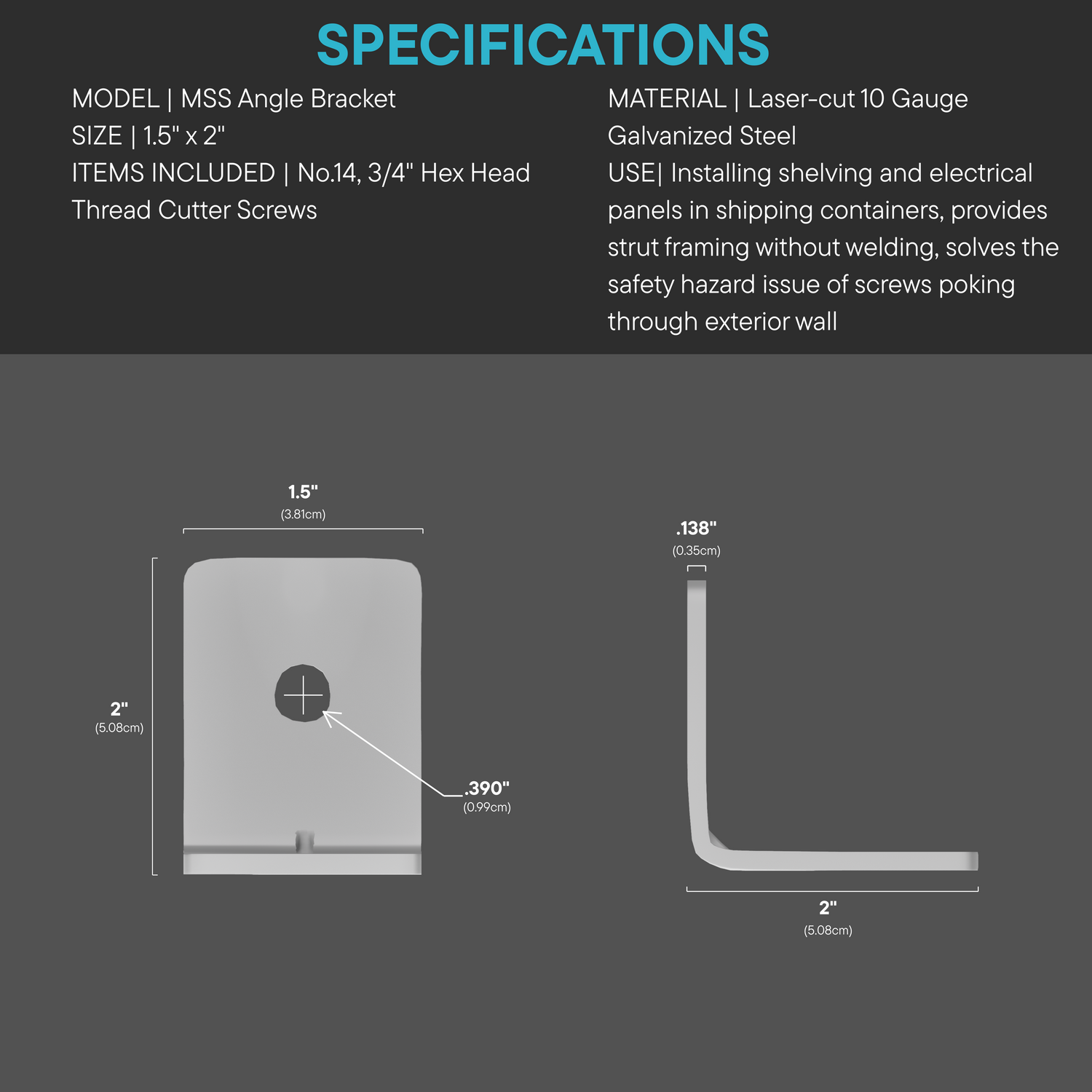 Detailed diagram of the Modular Strut System (MSS) galvanized steel angle bracket showing precise dimensions, mounting hole locations, and material specifications for shipping container installation.