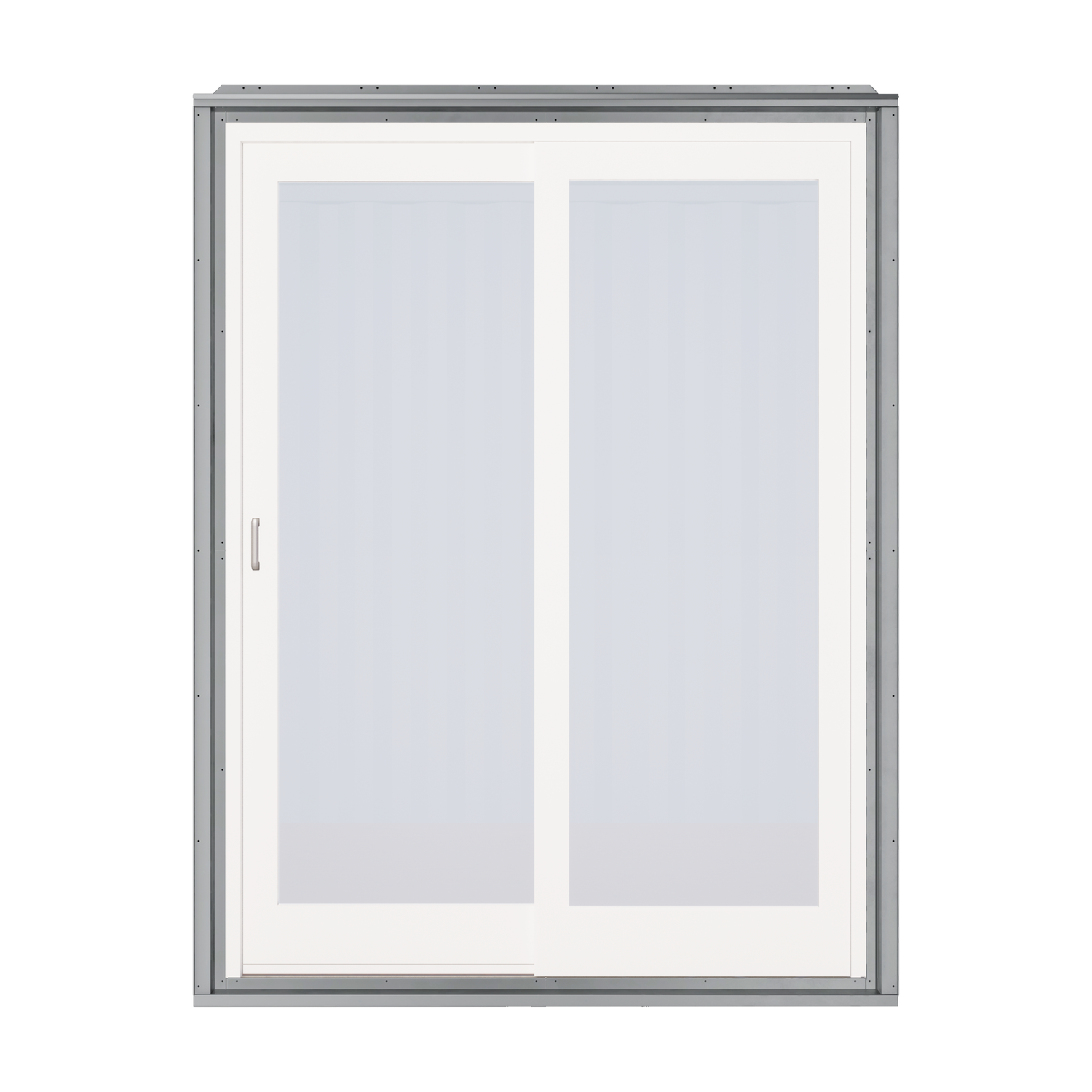 Sliding patio door set including galvanized steel frame and glass door, designed for seamless integration with shipping container sidewalls