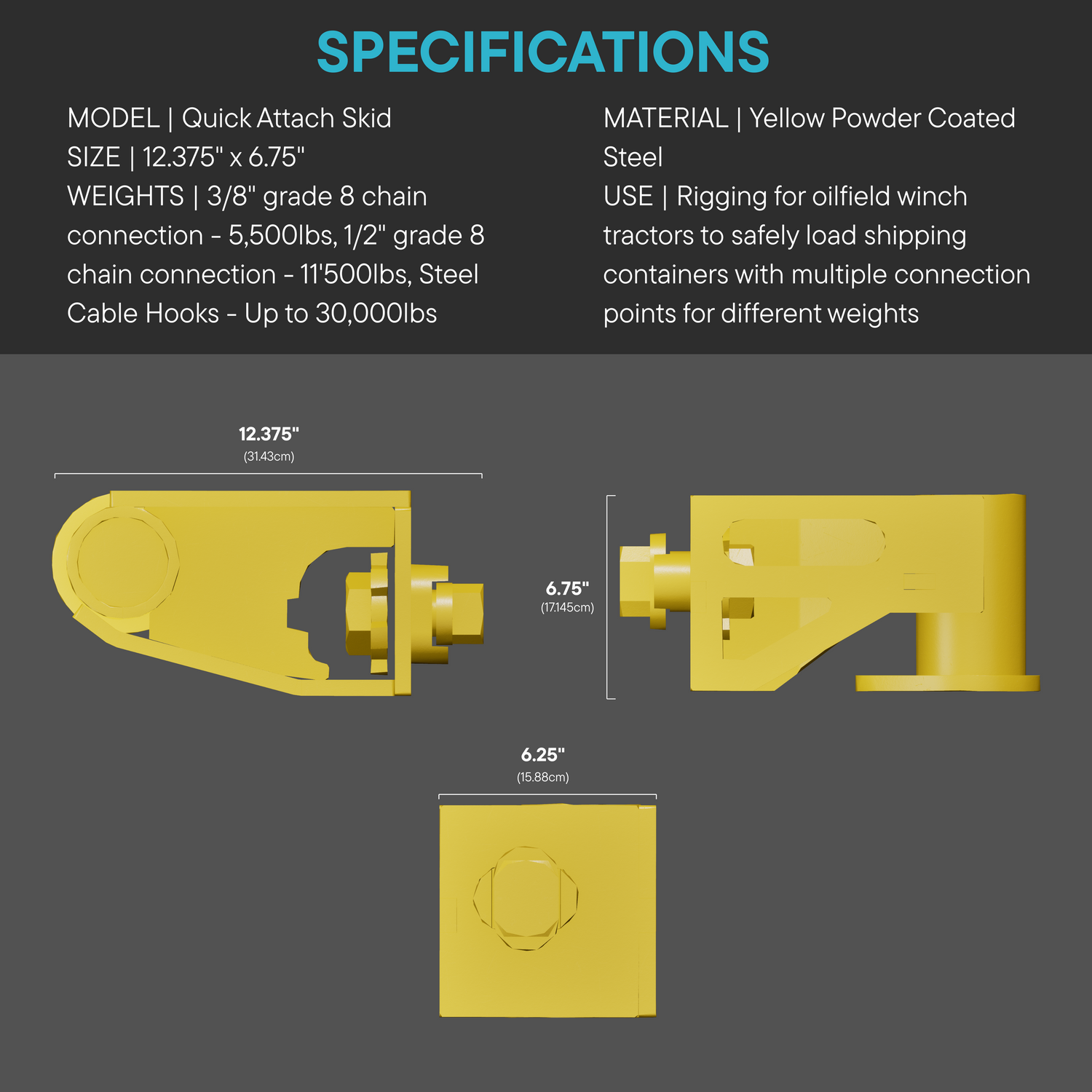 Technical diagram of yellow powder-coated Quick Attach Skid with dimensions (12.375