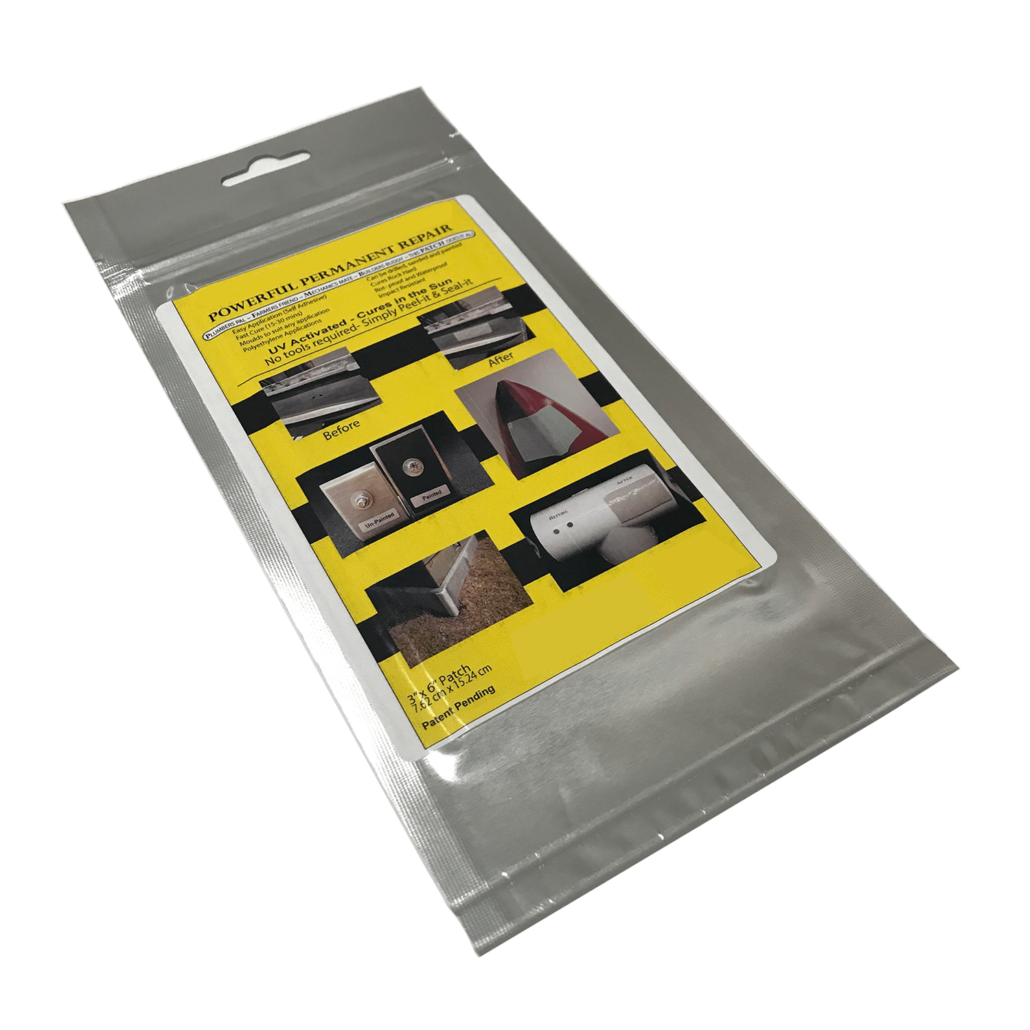 Packaged repair patch in a clear plastic bag with a yellow label showing the product and its uses on shipping containers and sea cans.